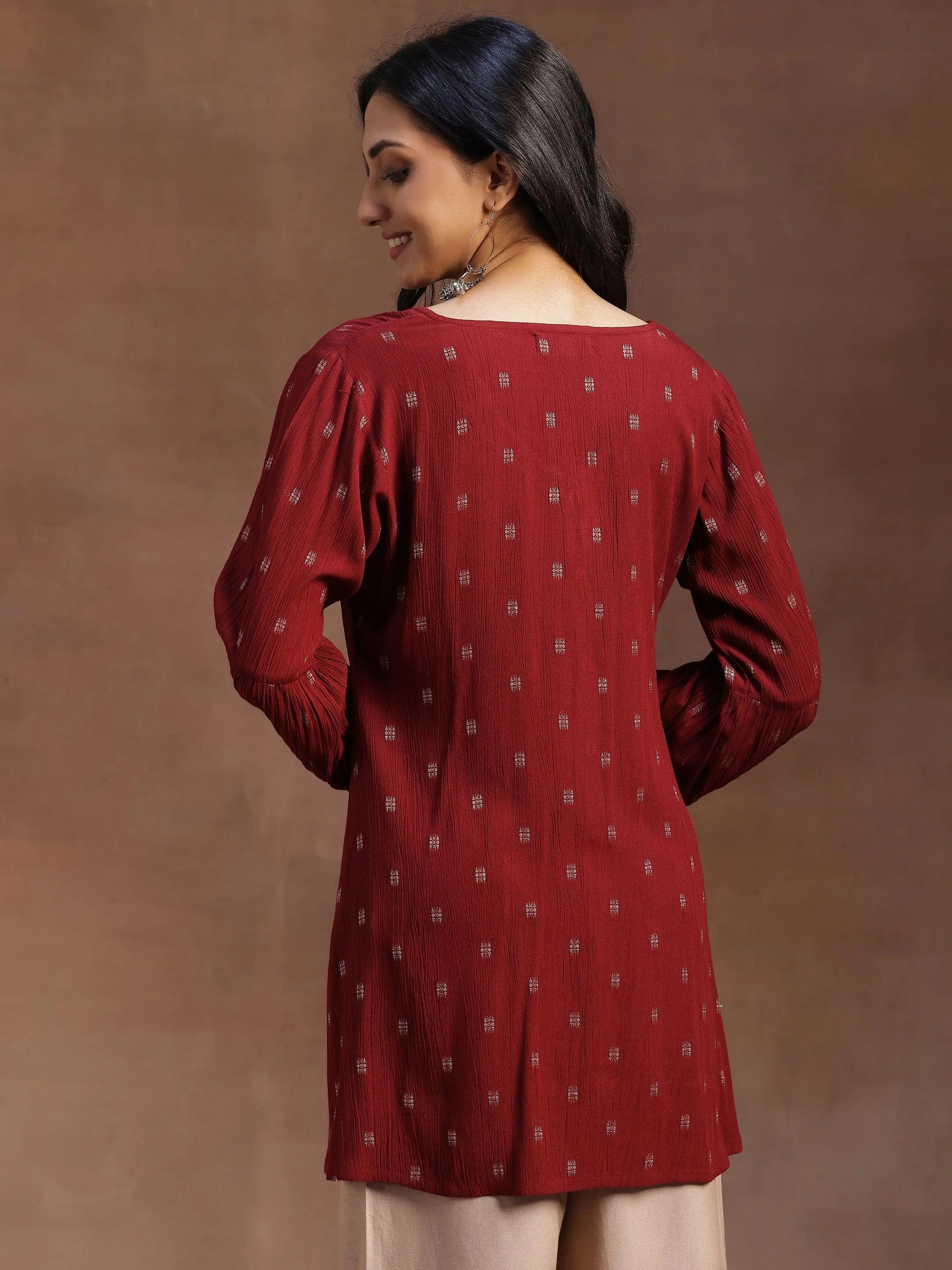 Maroon Woven Design Viscose Rayon A-line Kurti