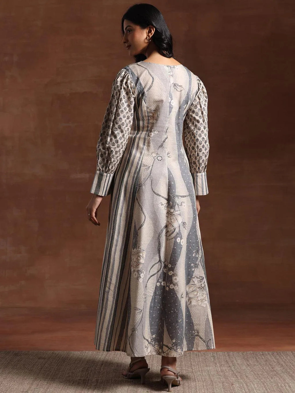 Off White Printed Cotton Blend A-Line Dress