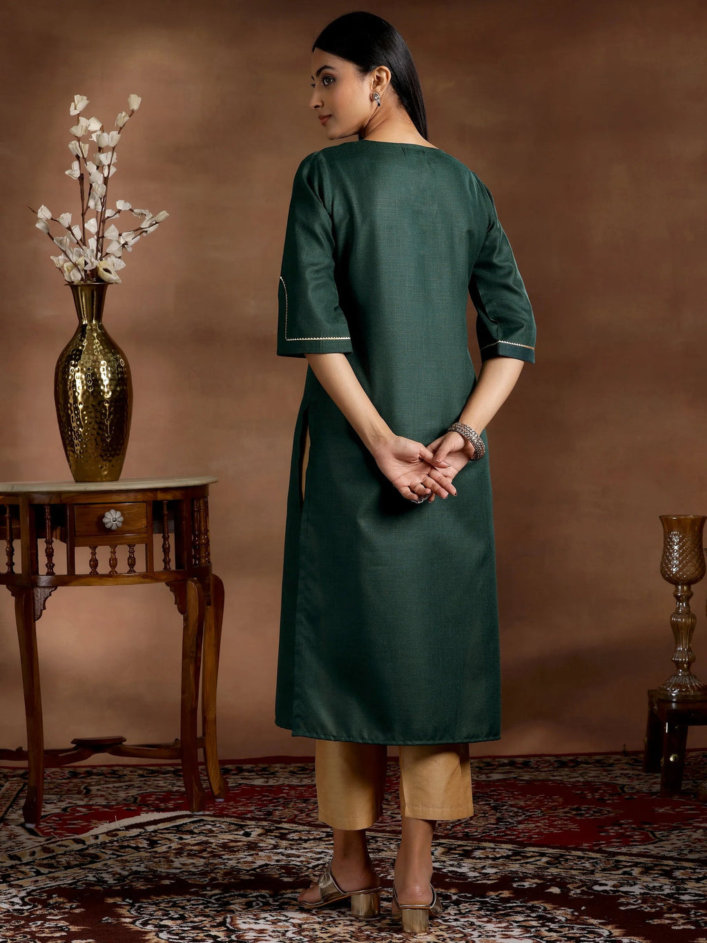 Green Solid Cotton Blend Straight Kurta