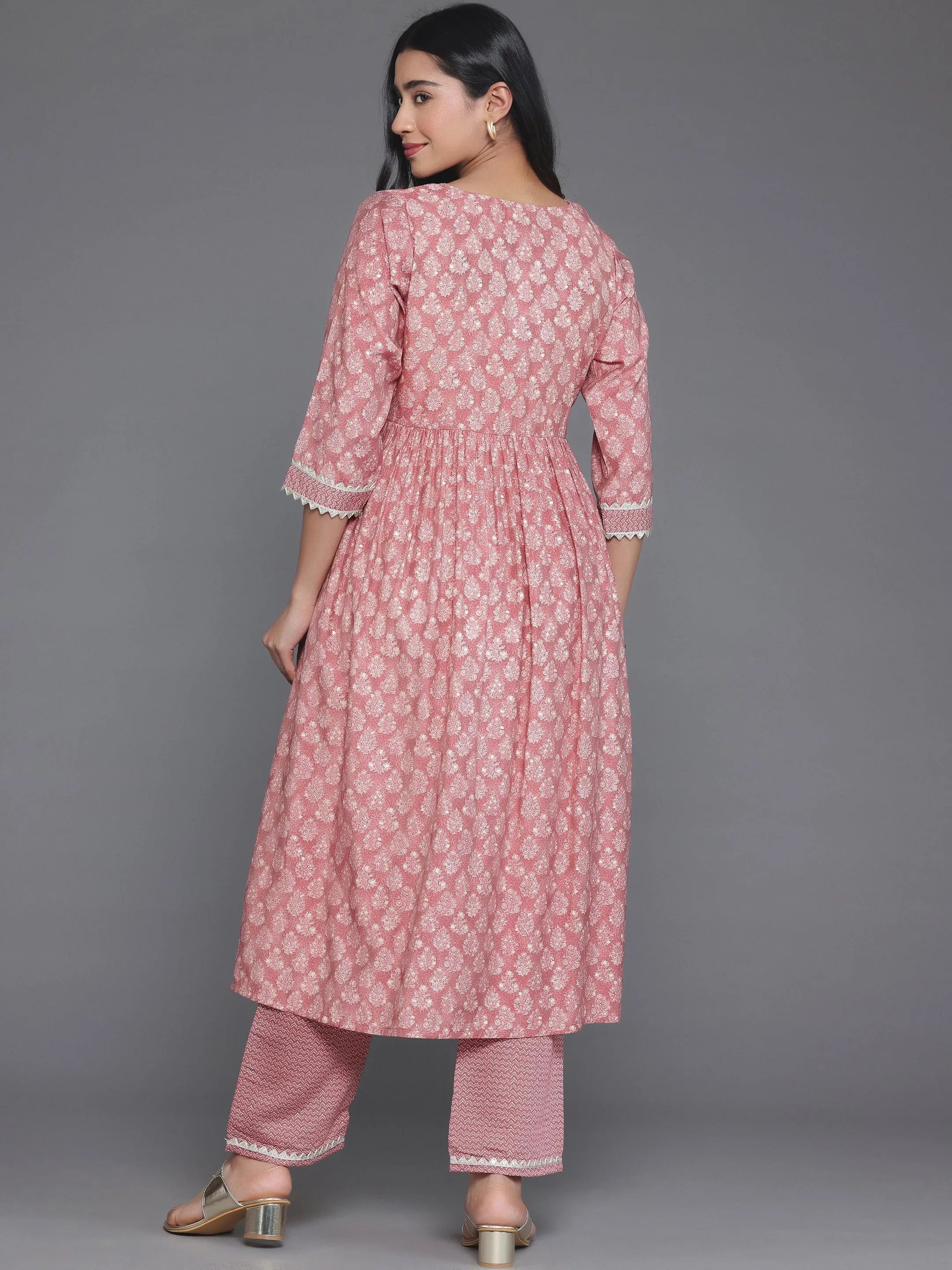 Mauve Printed Silk Blend A-Line Kurta With Palazzos