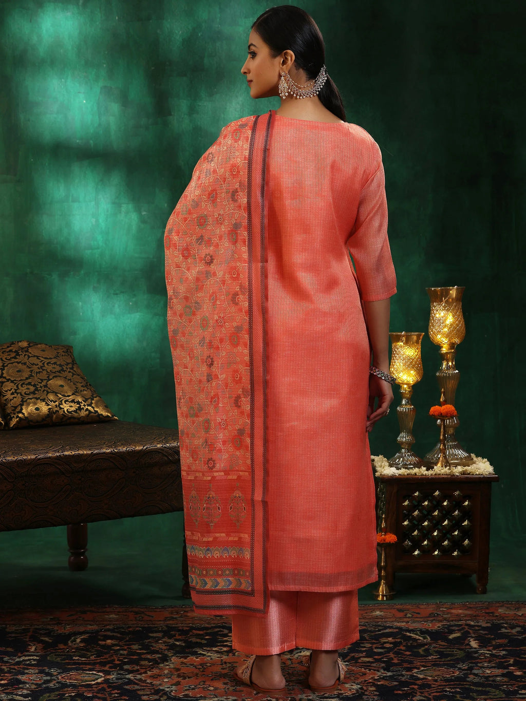 Peach Yoke Design Silk Blend Straight Suit With Dupatta