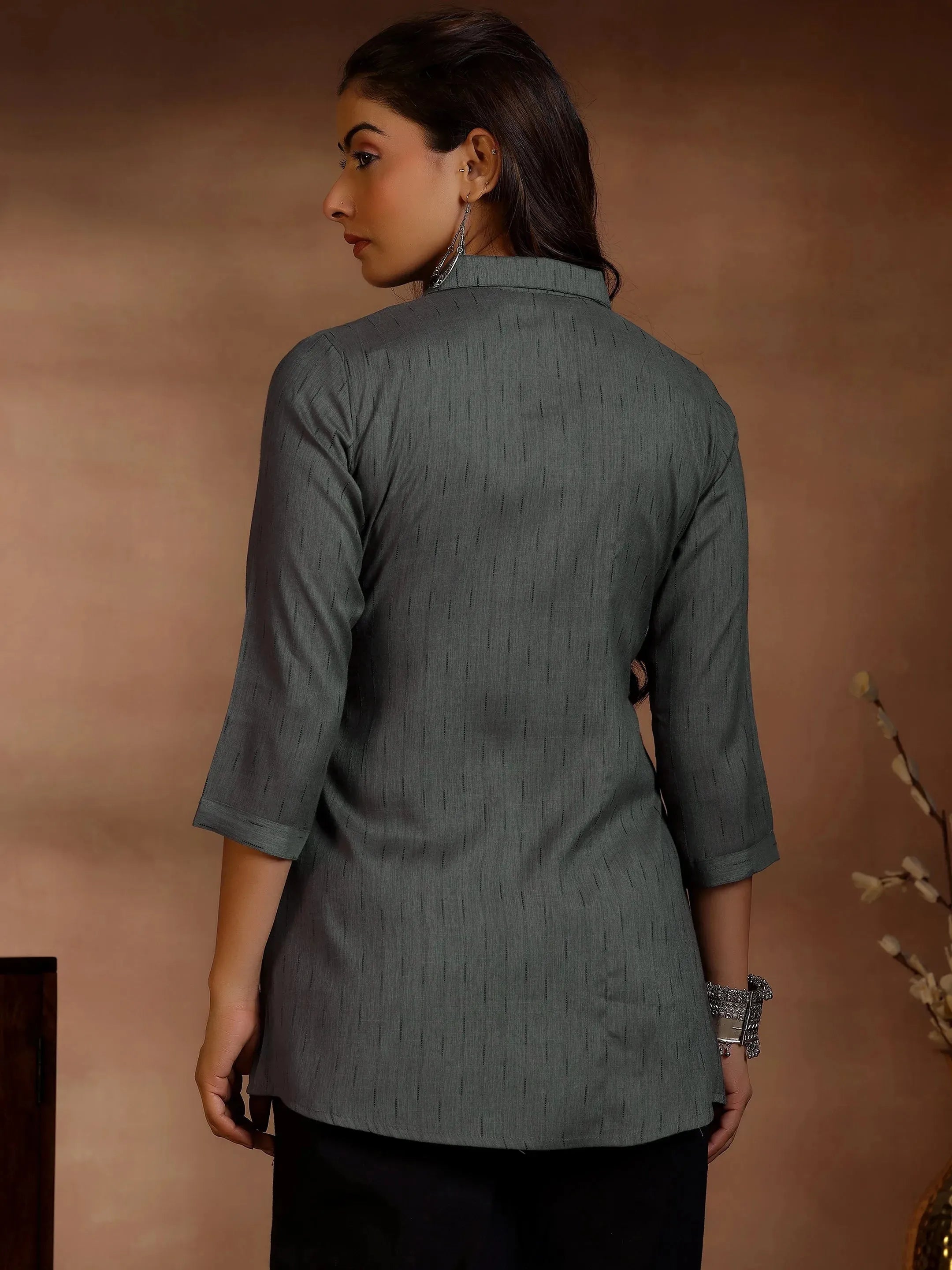 Grey Woven Design Cotton Blend Straight Kurti