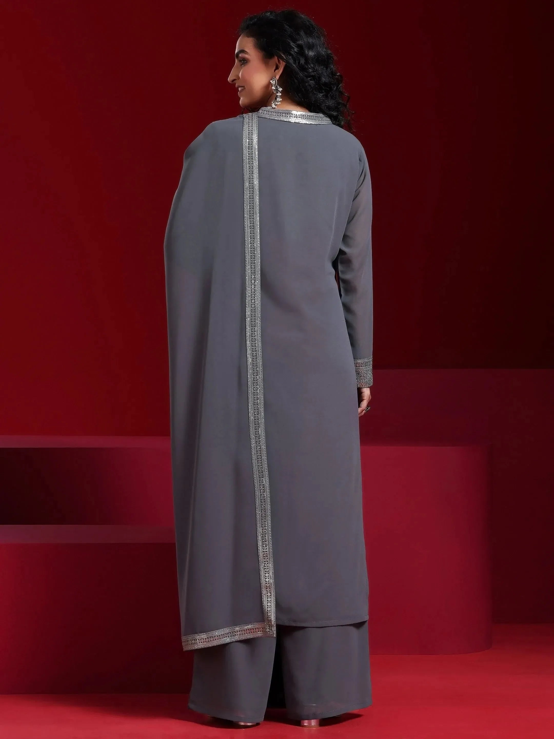 Grey Embroidered Georgette Straight Suit With Dupatta