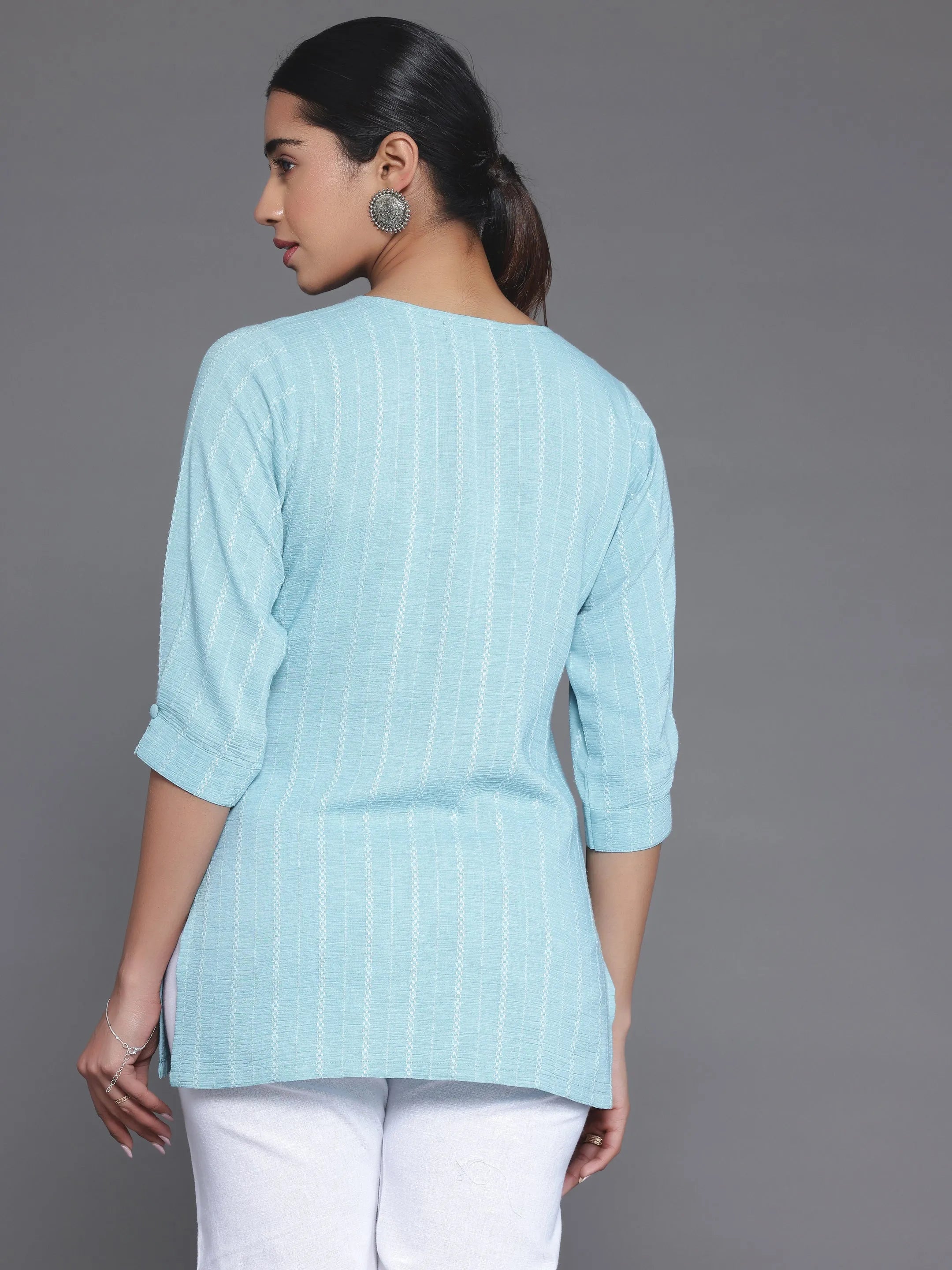 Blue Woven Design Cotton Blend Straight Kurti