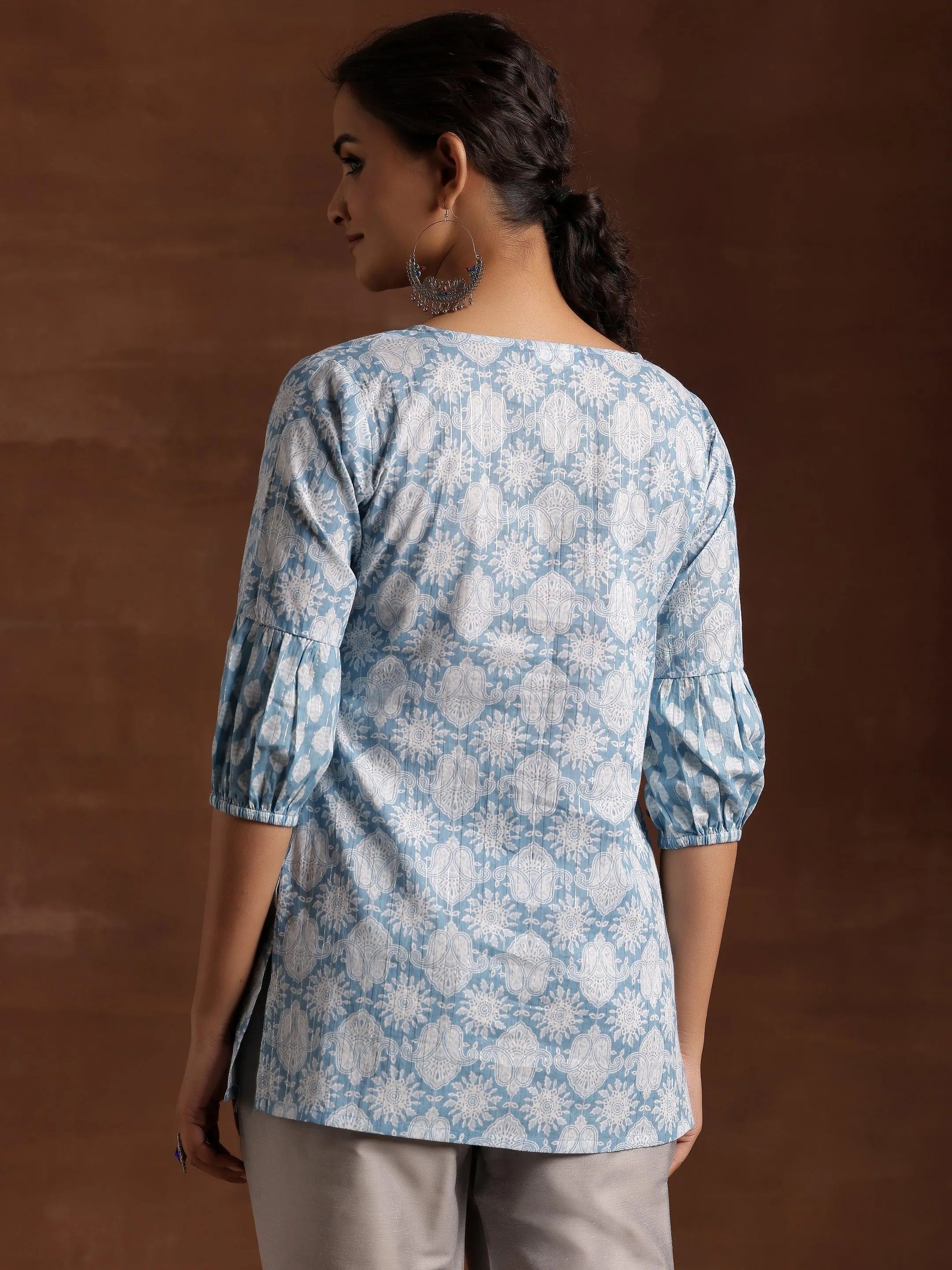 Blue Printed Cotton Straight Kurti - Libas