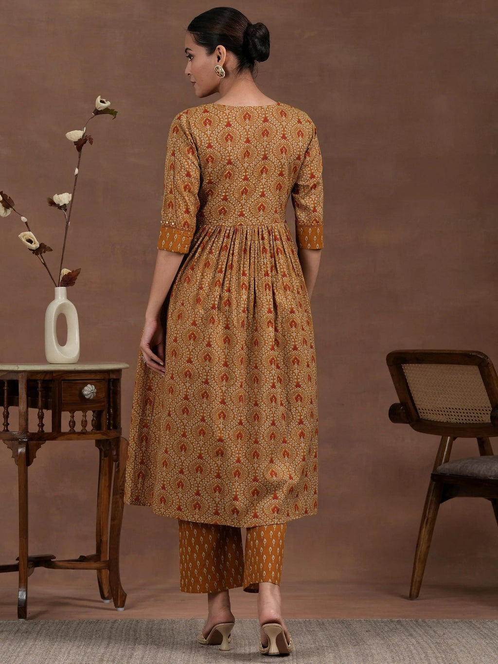 Mustard Printed Cotton A-Line Kurta With Palazzos