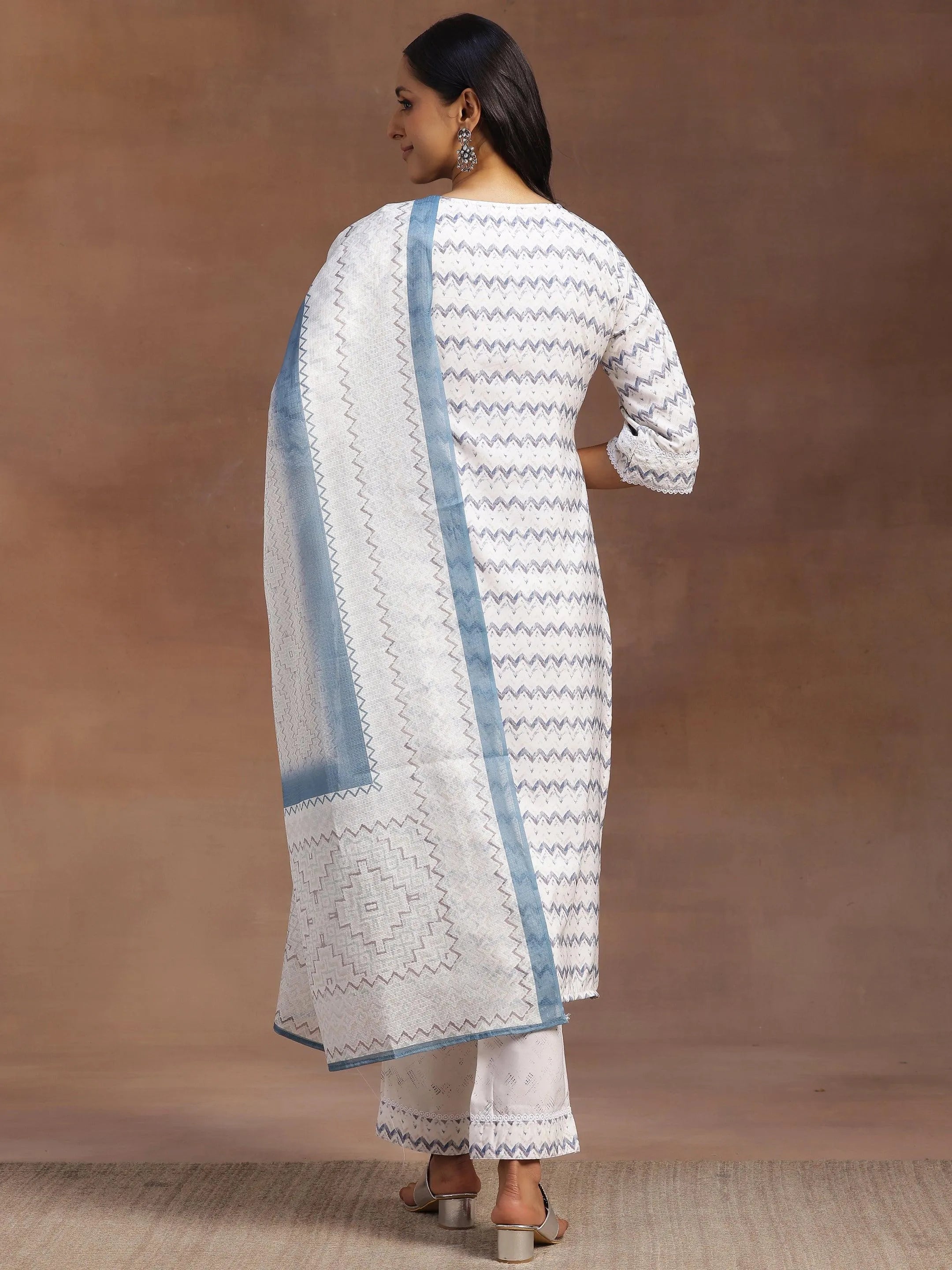 Off White Embroidered Cotton Blend Straight Suit With Dupatta
