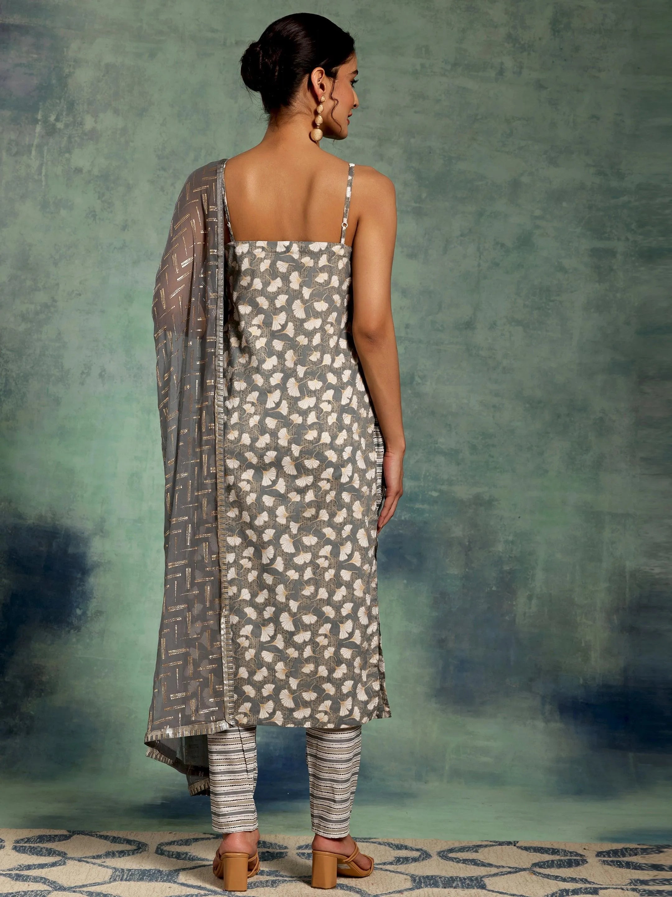 Grey Printed Cotton Straight Suit With Dupatta