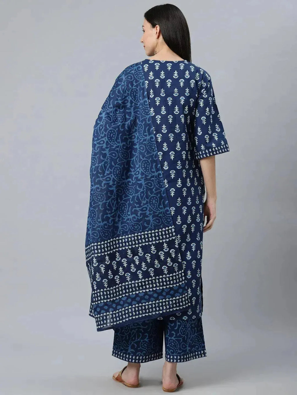 Blue Printed Cotton Straight Suit Set With Dupatta