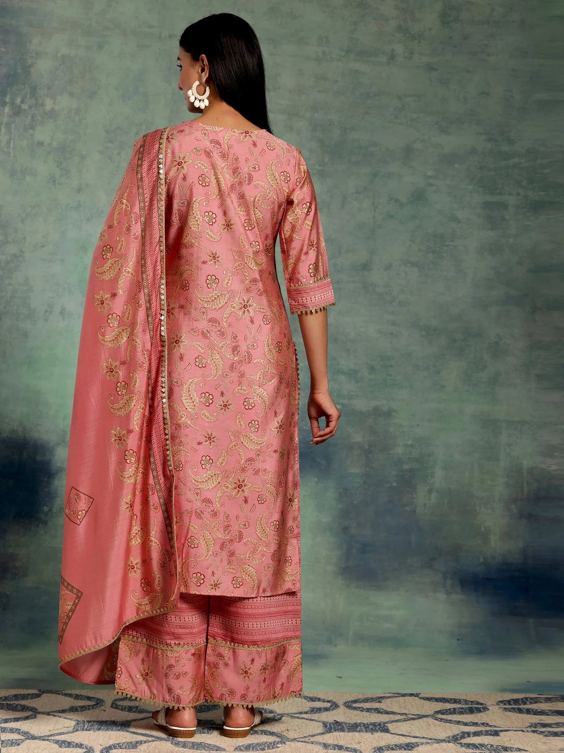 Pink Printed Silk Blend Straight Suit With Dupatta