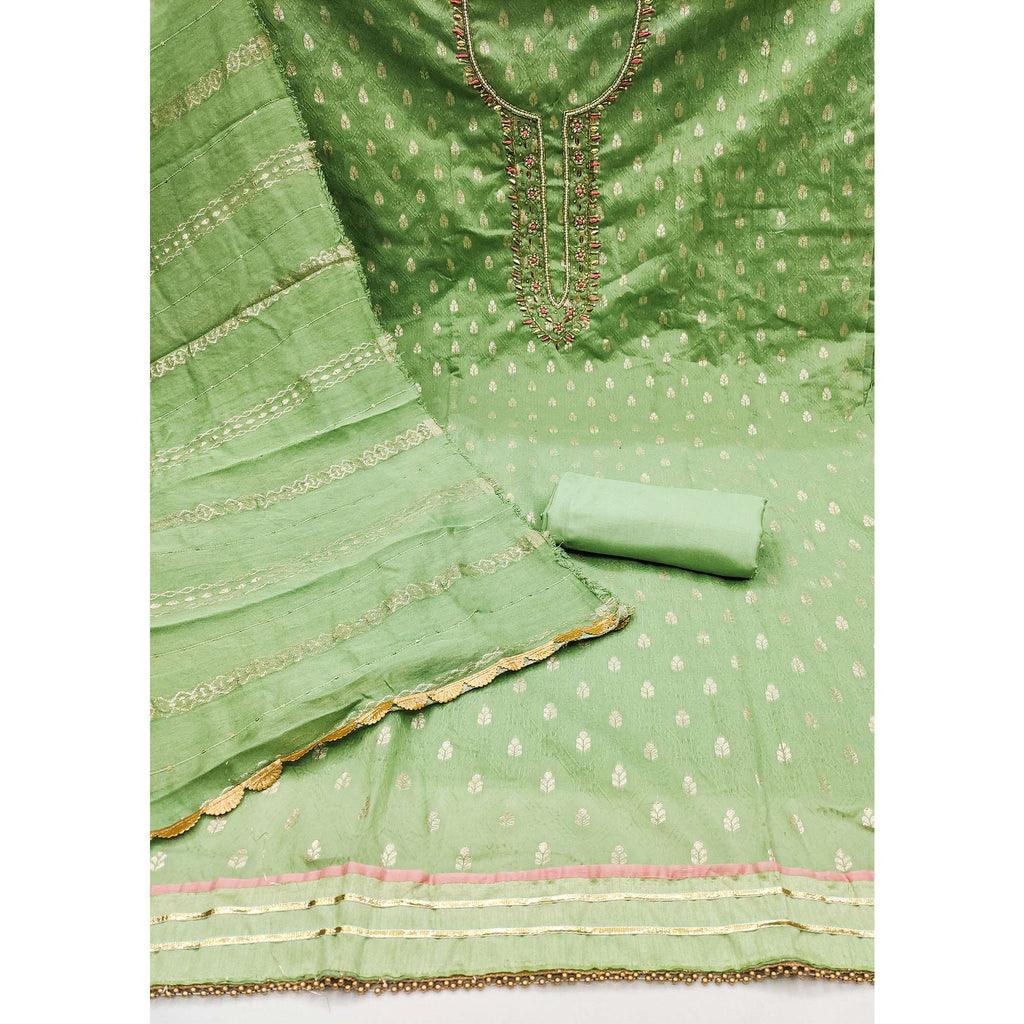 Green Woven With Handwork Jacquard Dress Material