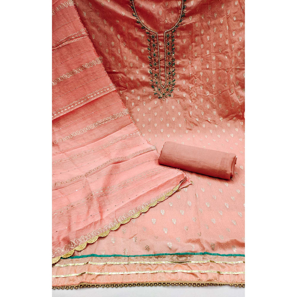 Peach Woven With Handwork Jacquard Dress Material