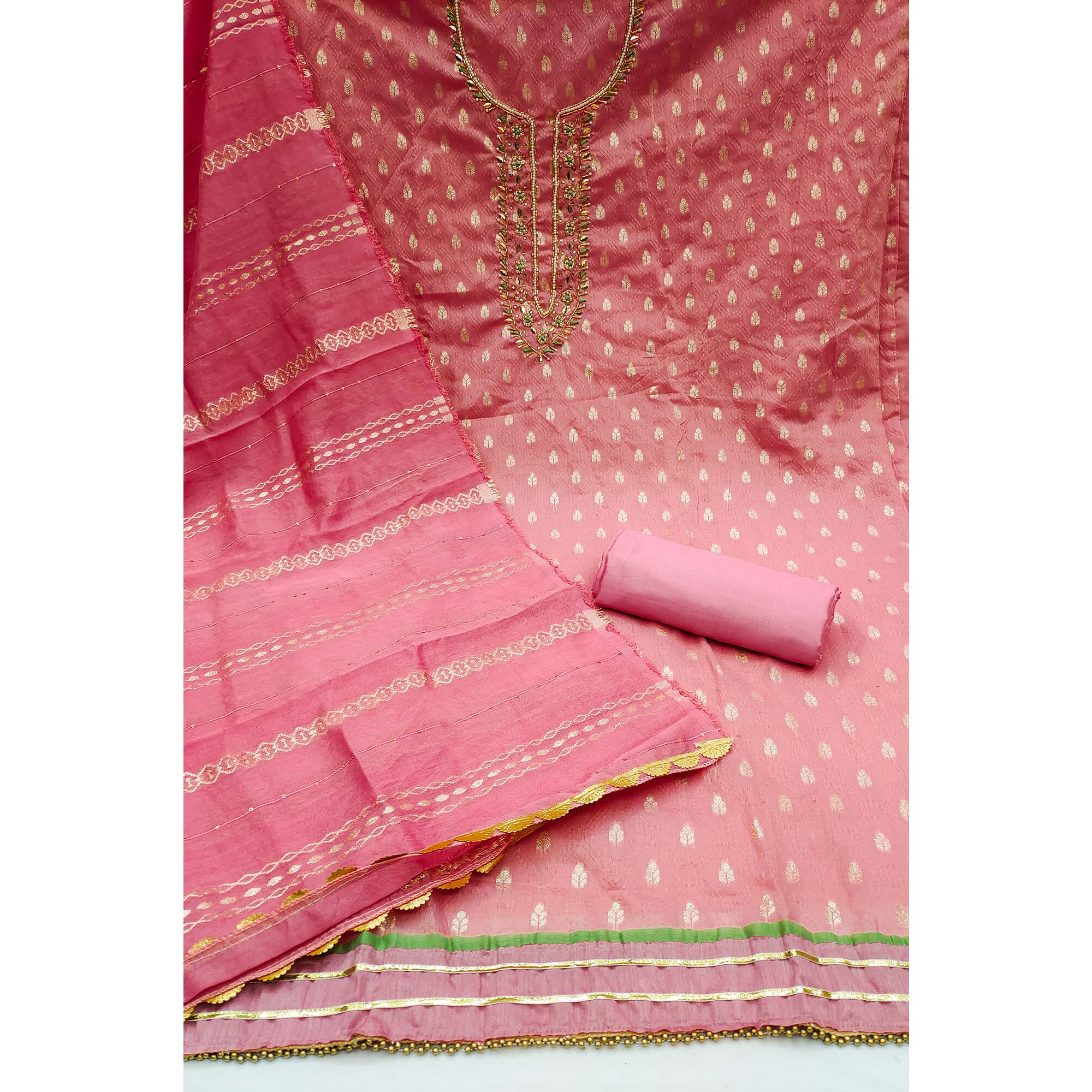 Pink Woven With Handwork Jacquard Dress Material