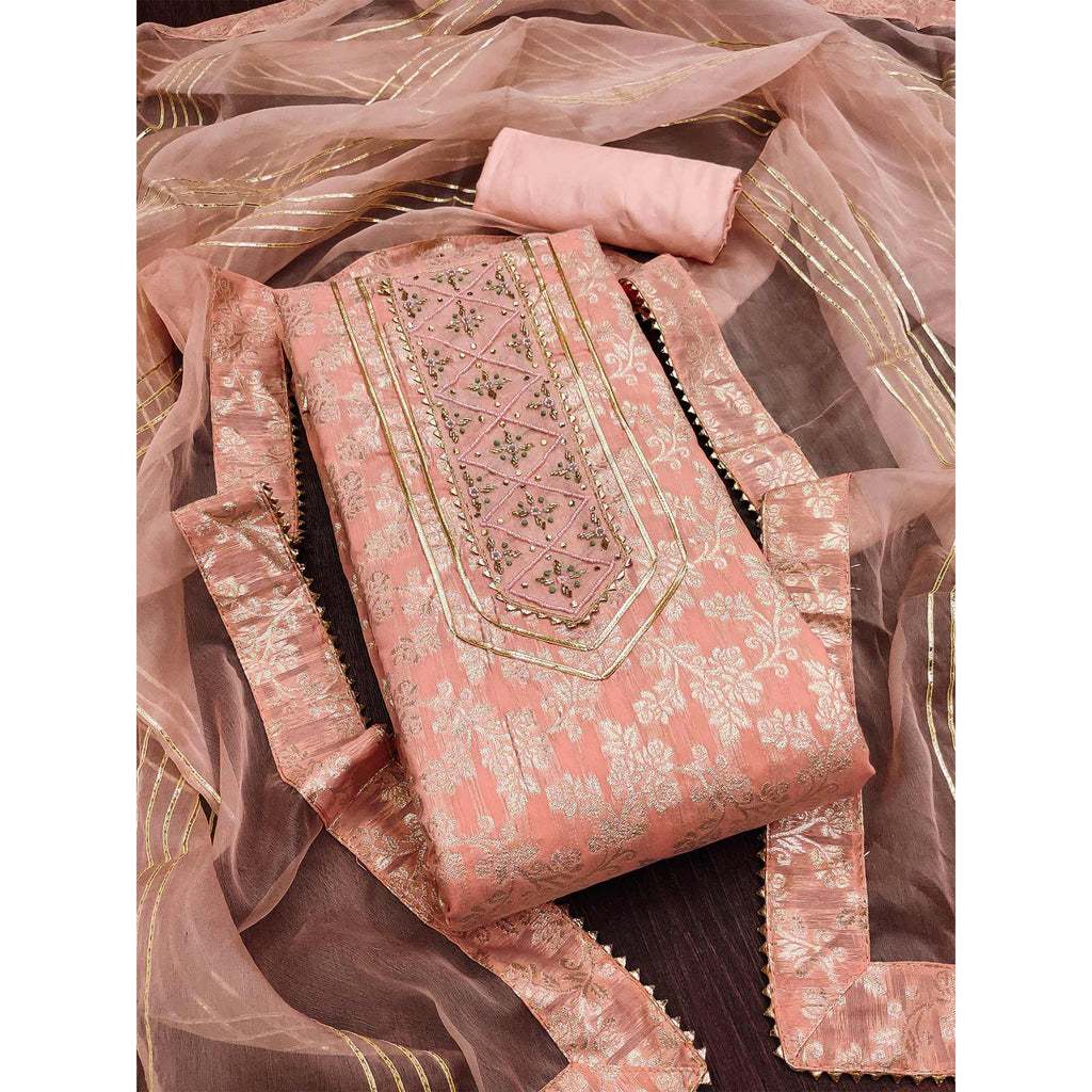Peach Woven With Handwork Jacquard Dress Material