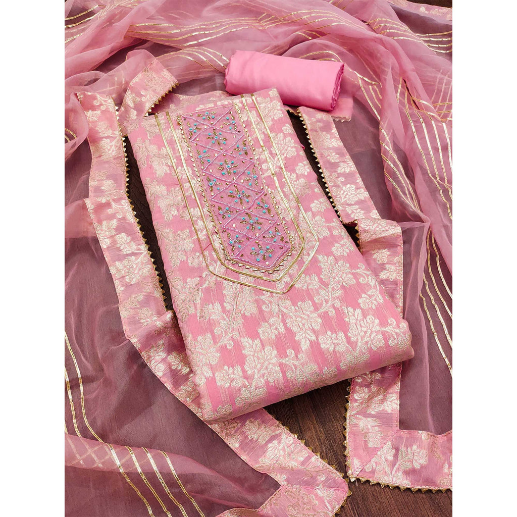 Pink Woven With Handwork Jacquard Dress Material
