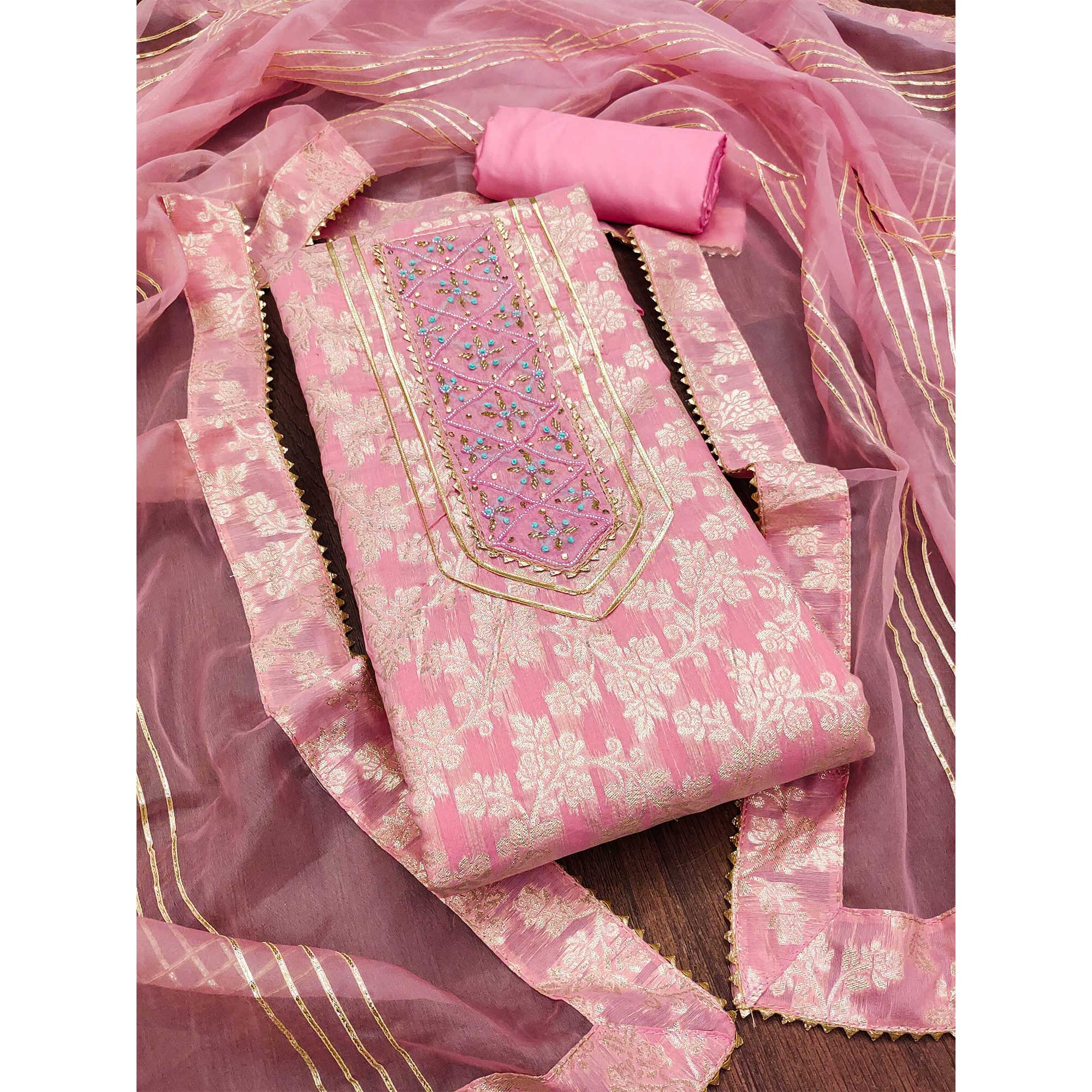 Pink Woven With Handwork Jacquard Dress Material