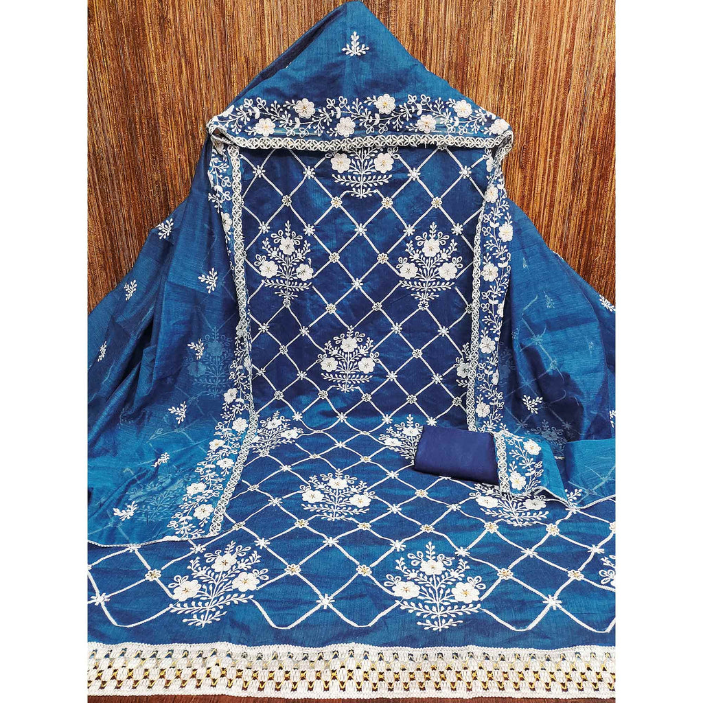Indigo Blue Floral Embroidered Chanderi Cotton Dress Material