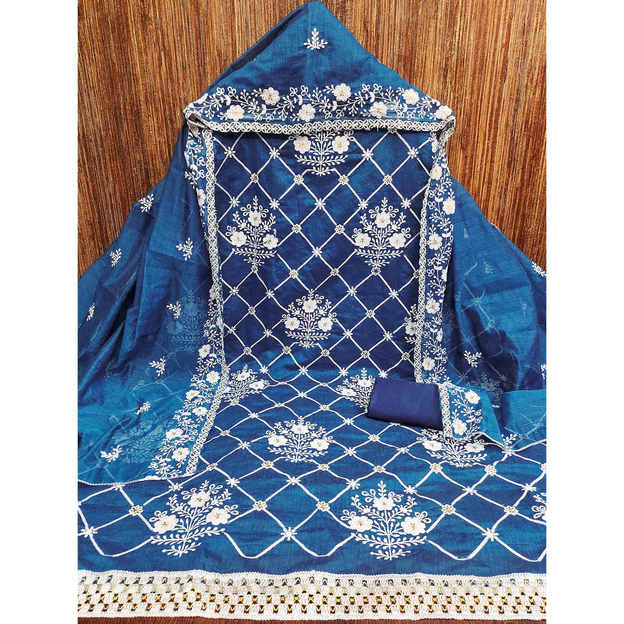 Indigo Blue Floral Embroidered Chanderi Cotton Dress Material