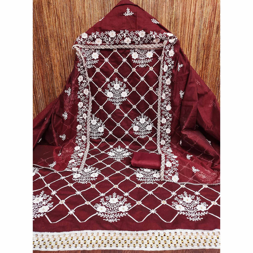 Maroon Floral Embroidered Chanderi Cotton Dress Material