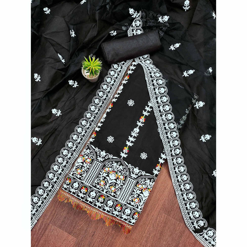 Black Floral Embroidered Chanderi Cotton Dress Material