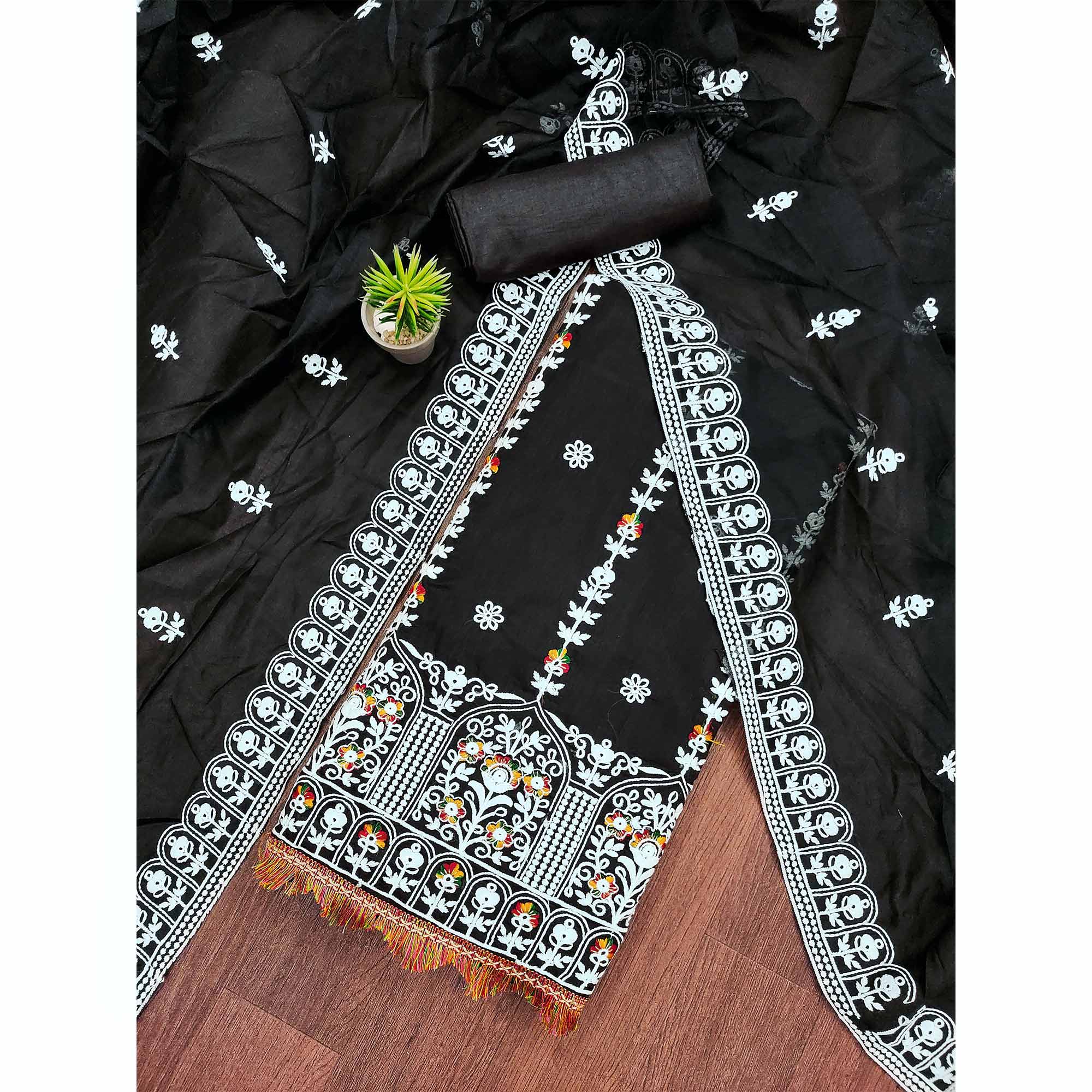 Black Floral Embroidered Chanderi Cotton Dress Material