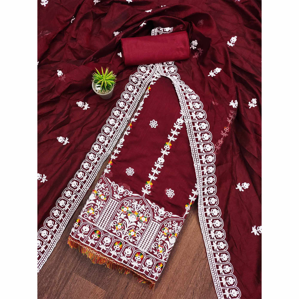 Maroon Floral Embroidered Chanderi Cotton Dress Material