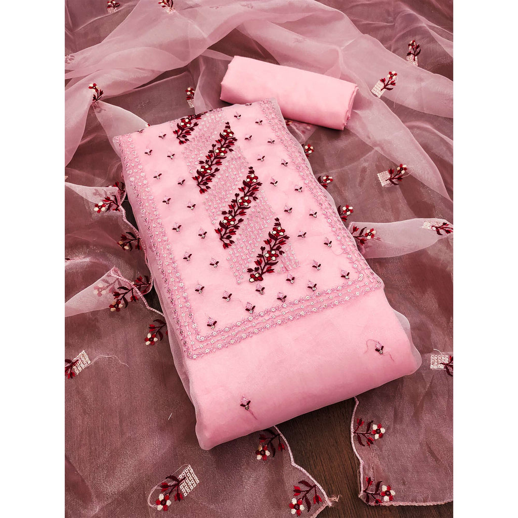 Baby Pink Floral Sequins Embroidered Organza Dress Material