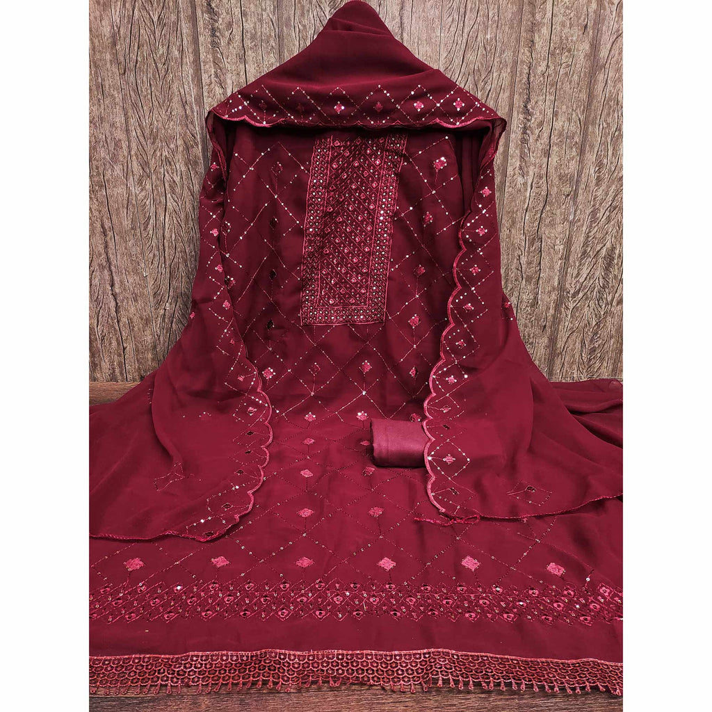 Maroon Georgette Dress Material Featuring Delicate Thread Embroidery & Sequin Accent