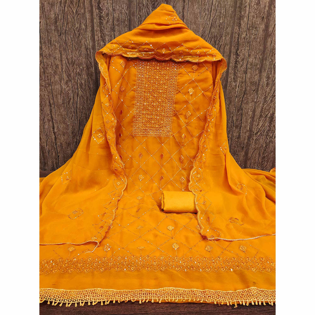 Mustard Georgette Dress Material Featuring Delicate Thread Embroidery & Sequin Accent