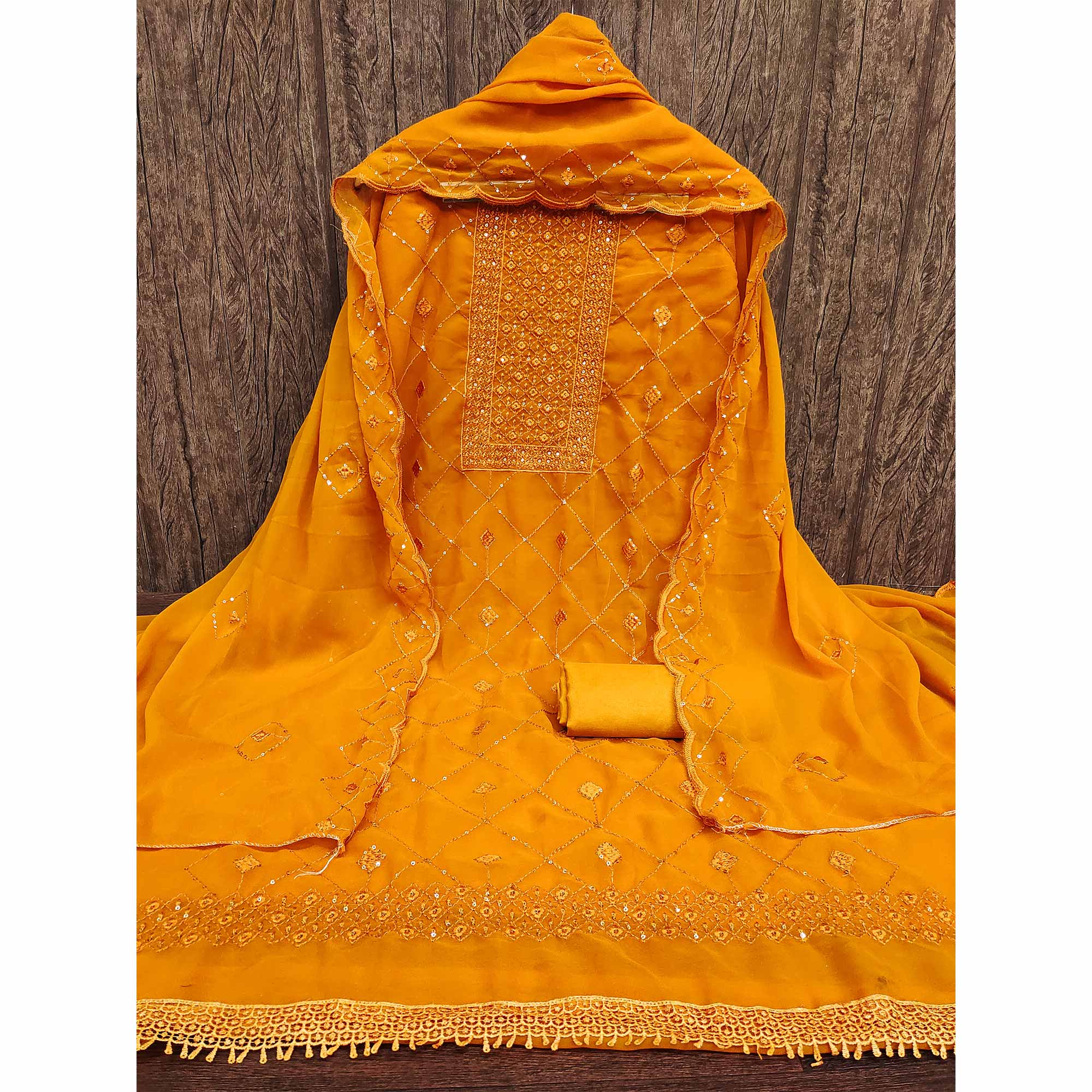 Mustard Georgette Dress Material Featuring Delicate Thread Embroidery & Sequin Accent