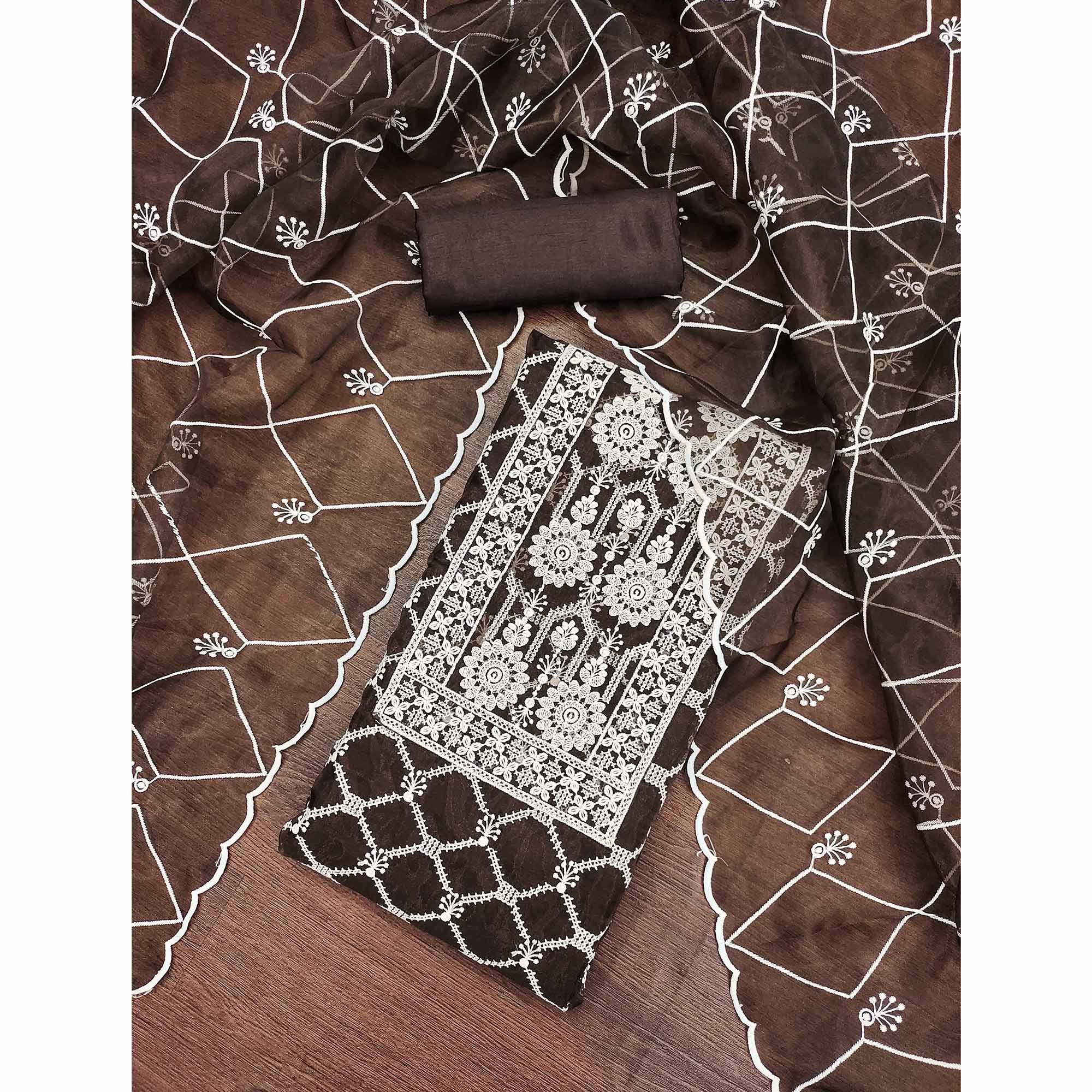 Brown Sheer Organza Suit Material with Floral Embroidery Detailing