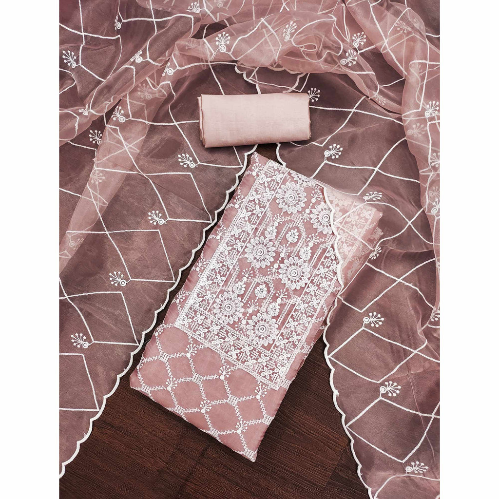Dusty Pink Sheer Organza Suit Material with Floral Embroidery Detailing