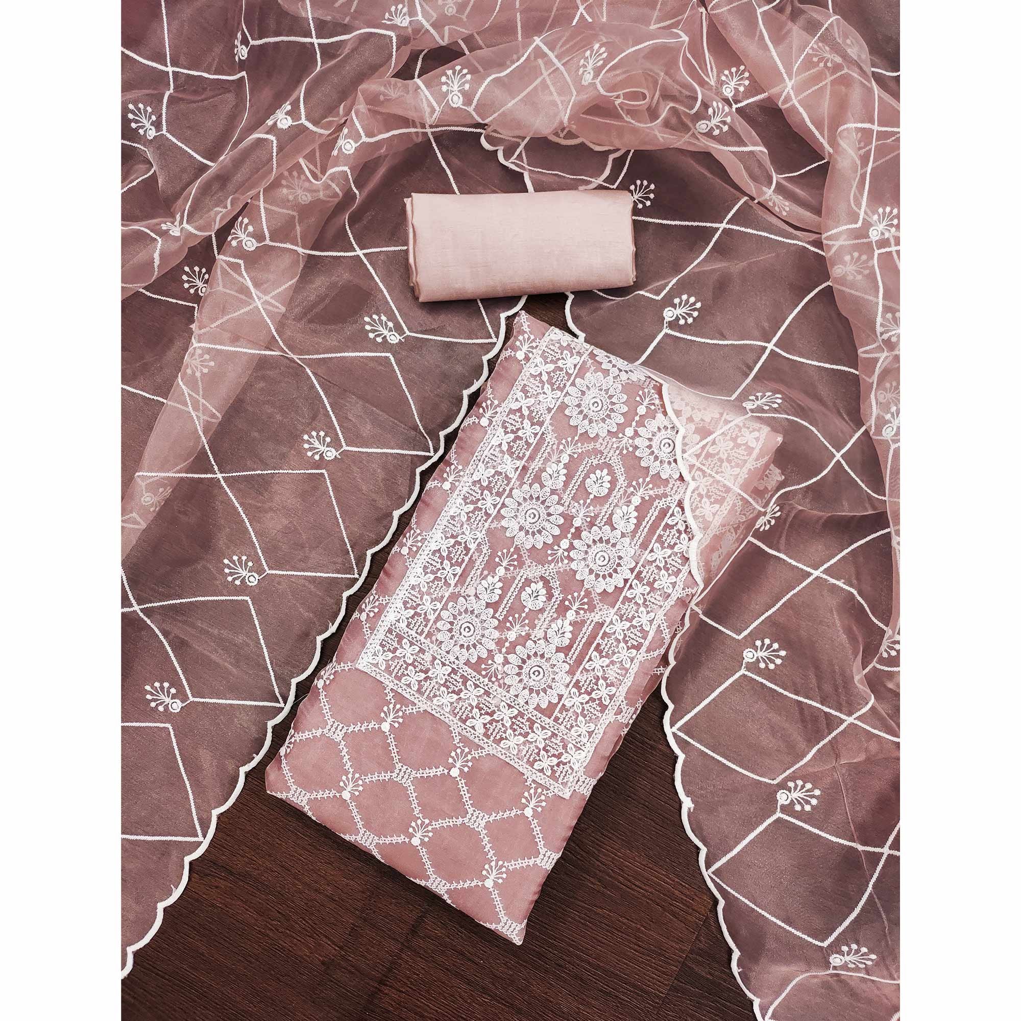 Dusty Pink Sheer Organza Suit Material with Floral Embroidery Detailing
