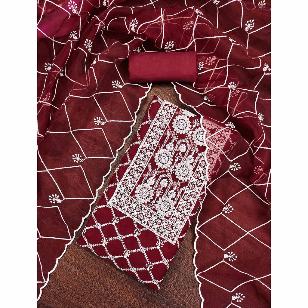 Maroon Sheer Organza Suit Material with Floral Embroidery Detailing