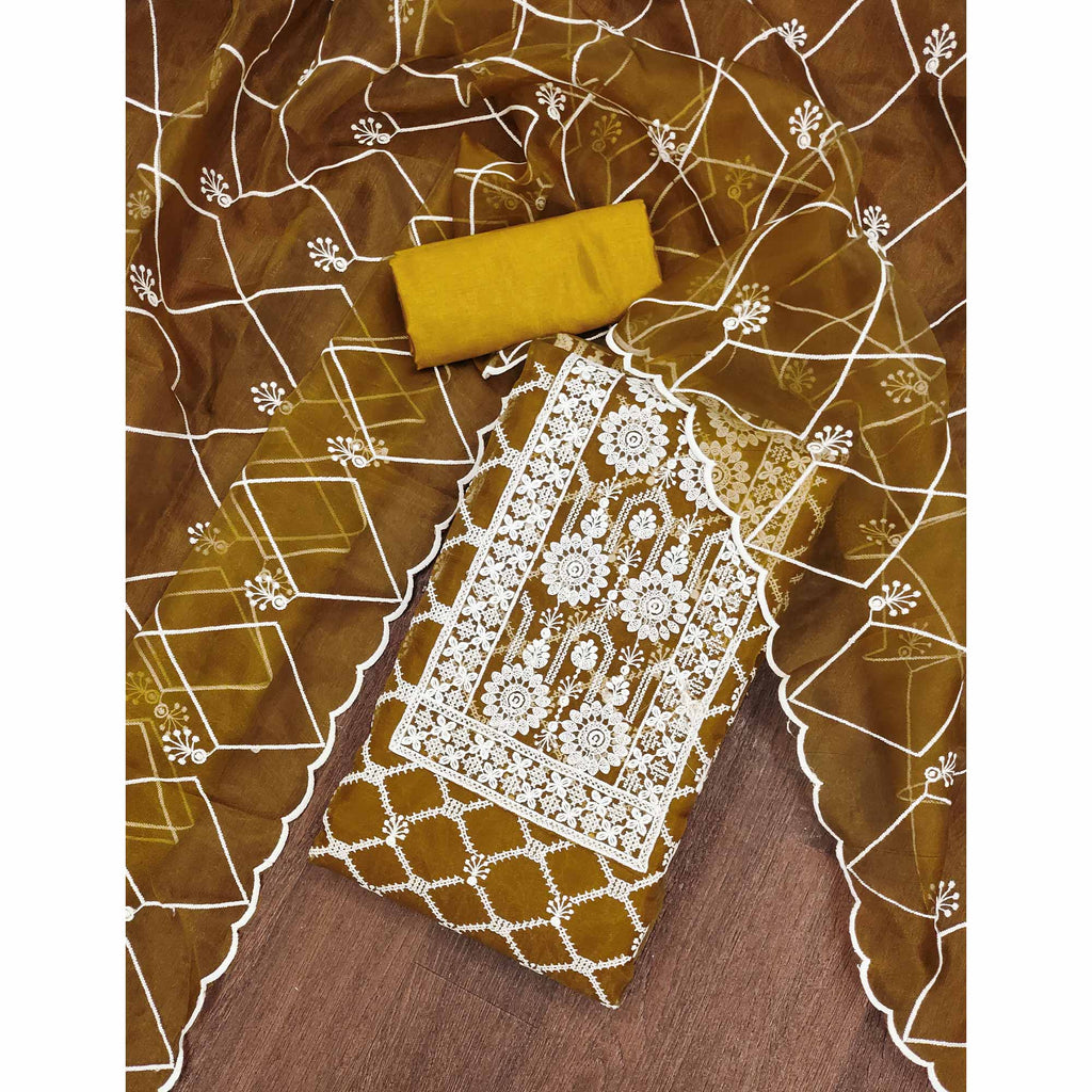 Mustard Sheer Organza Suit Material with Floral Embroidery Detailing