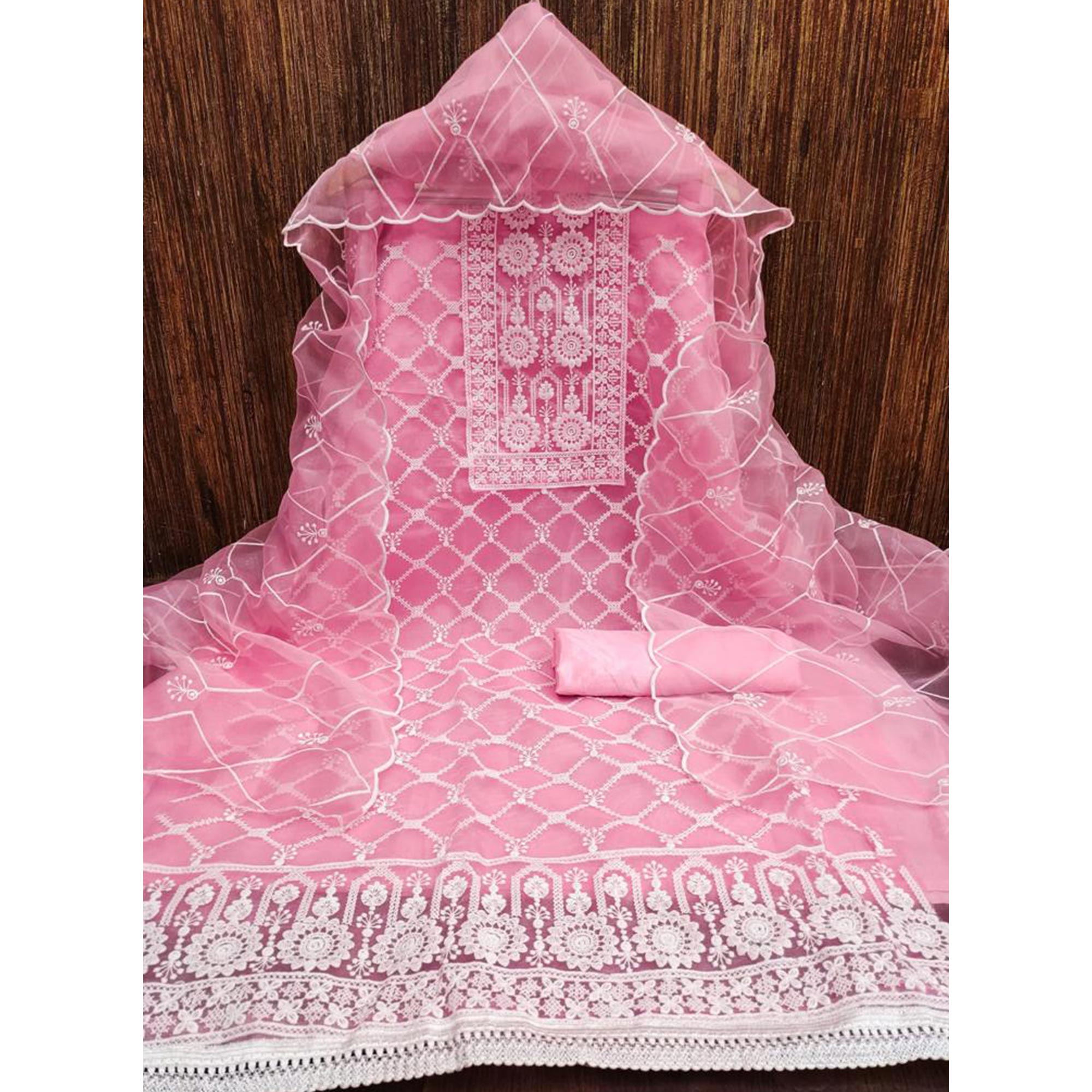 Pink Floral Embroidered Organza Dress Material