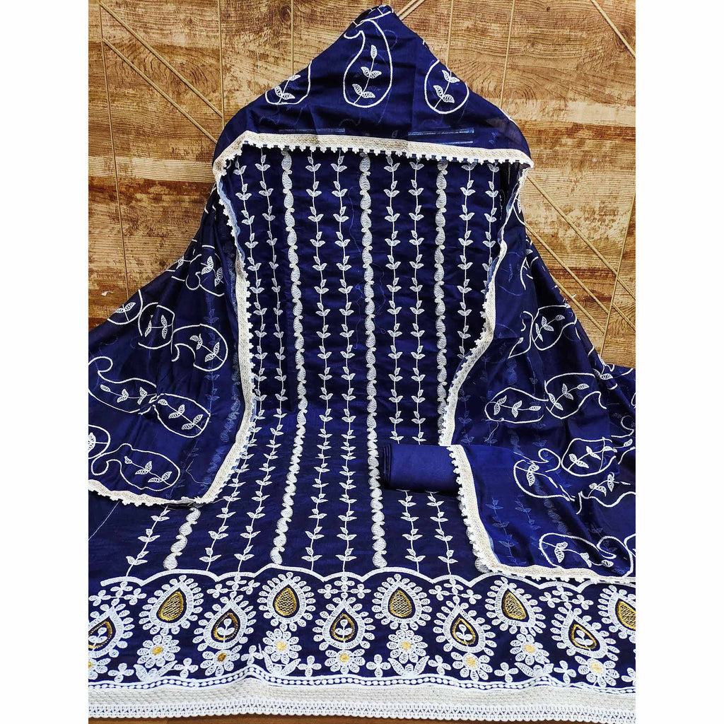 Blue Floral Embroidered Chanderi Cotton Dress Material