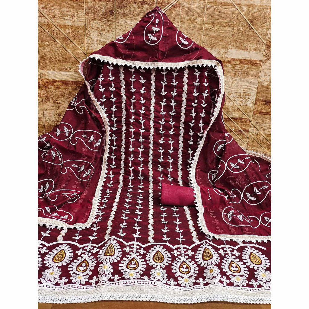 Maroon Floral Embroidered Chanderi Cotton Dress Material
