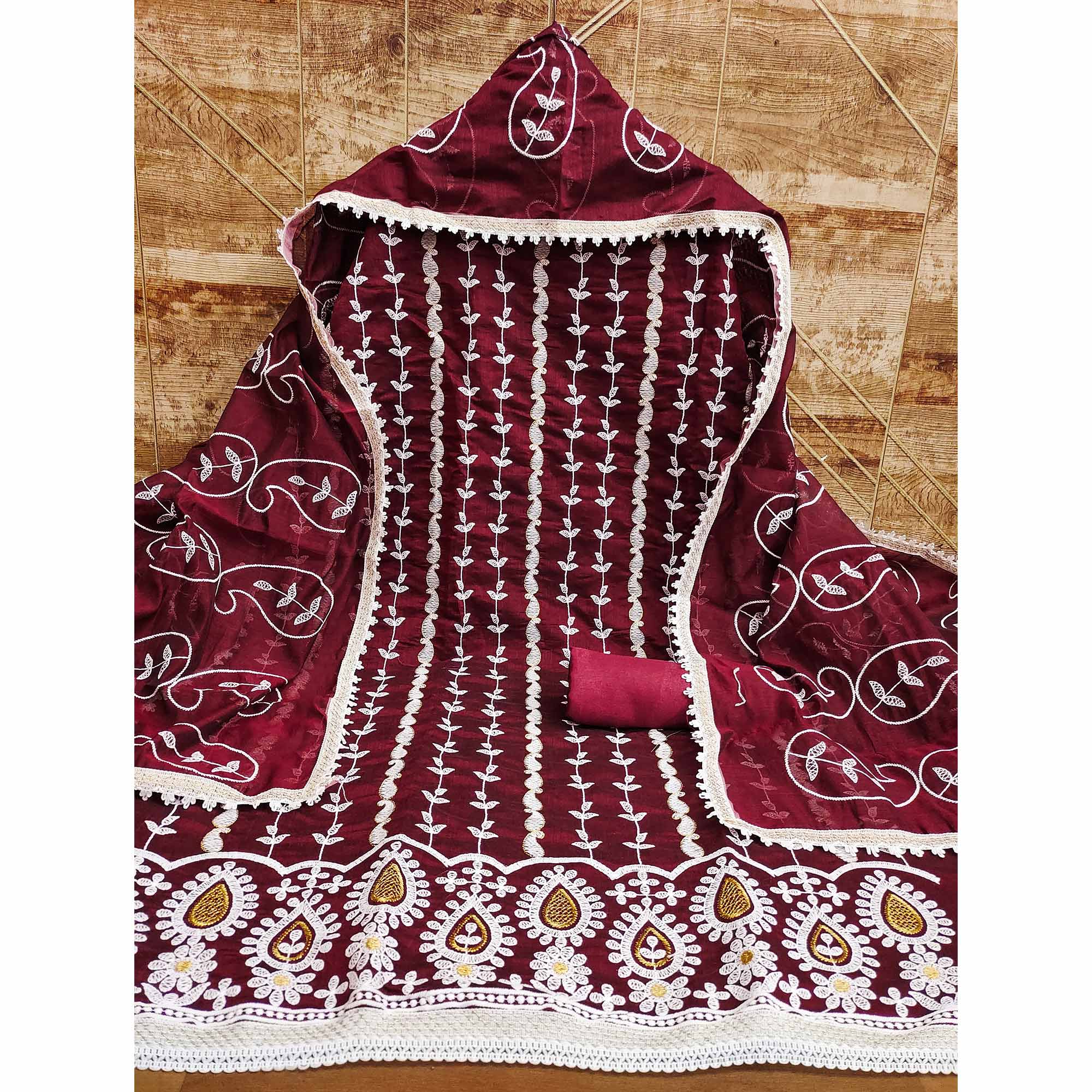 Maroon Floral Embroidered Chanderi Cotton Dress Material