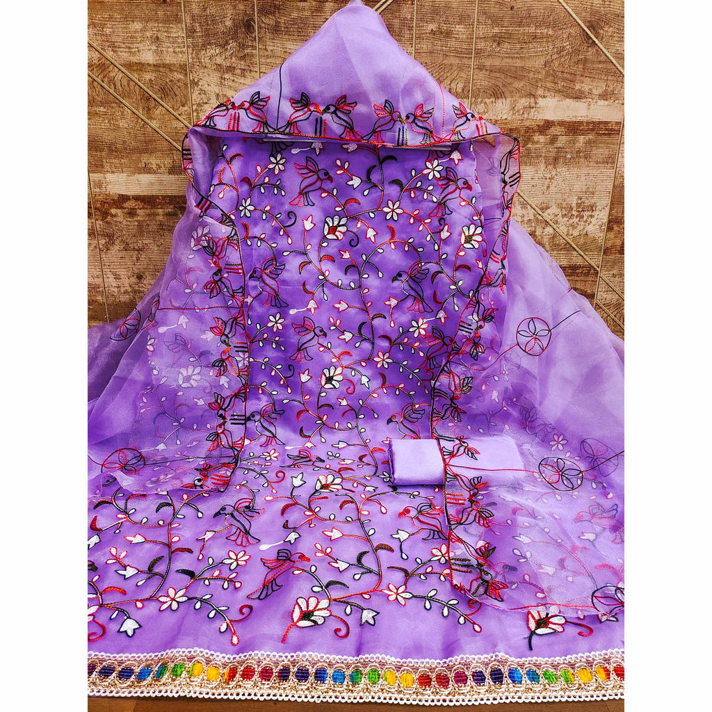 Lavender Floral Embroidered Organza Dress Material