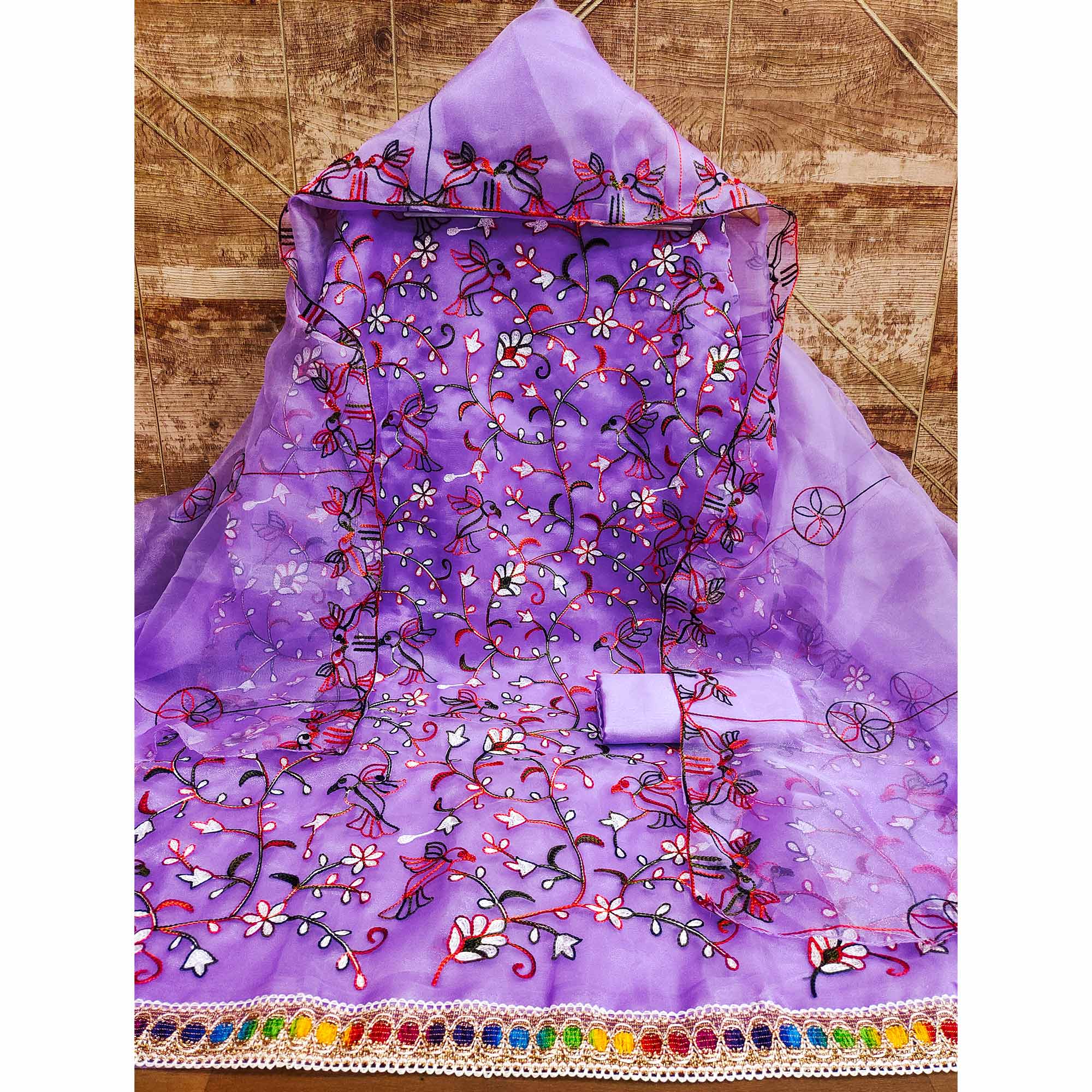 Lavender Floral Embroidered Organza Dress Material