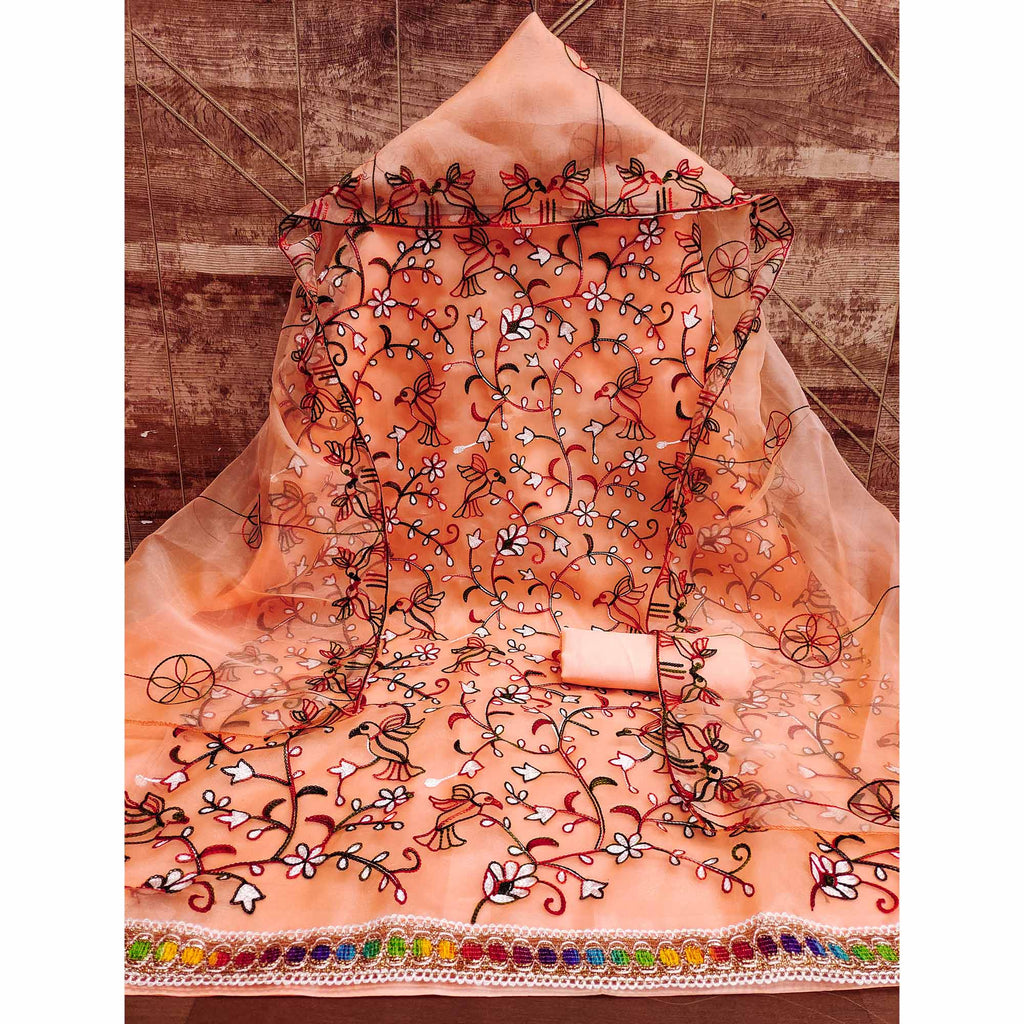 Peach Floral Embroidered Organza Dress Material