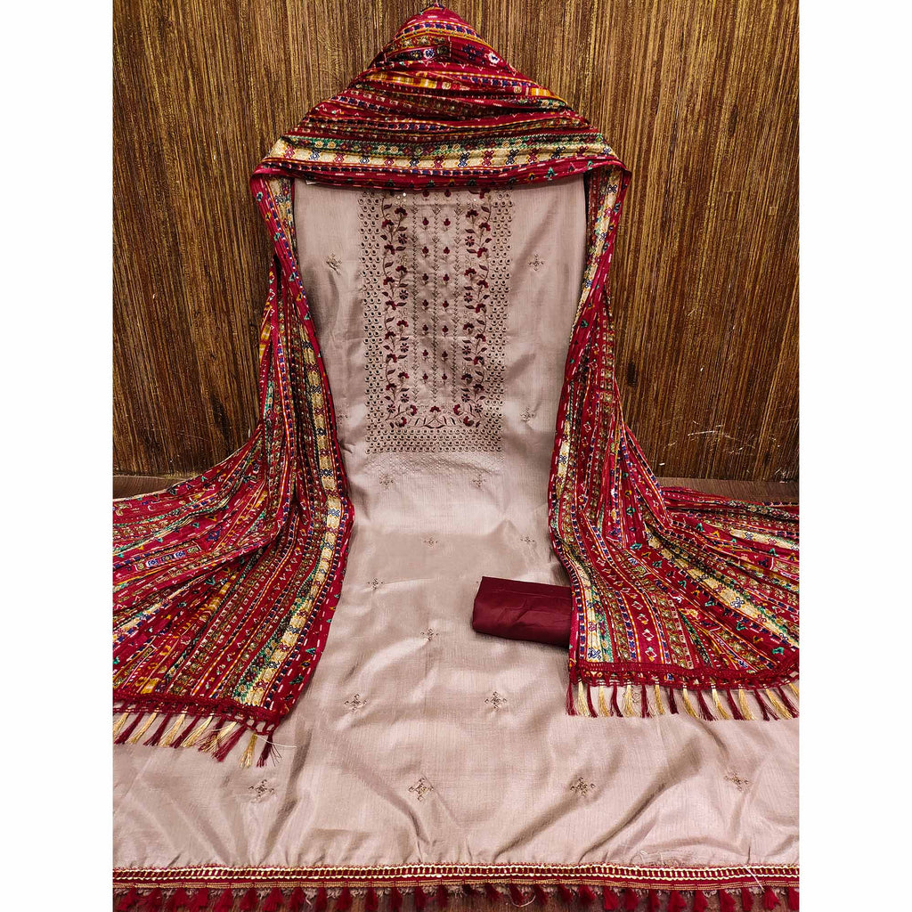 Beige Floral Sequins Embroidered Cotton Silk Dress Material