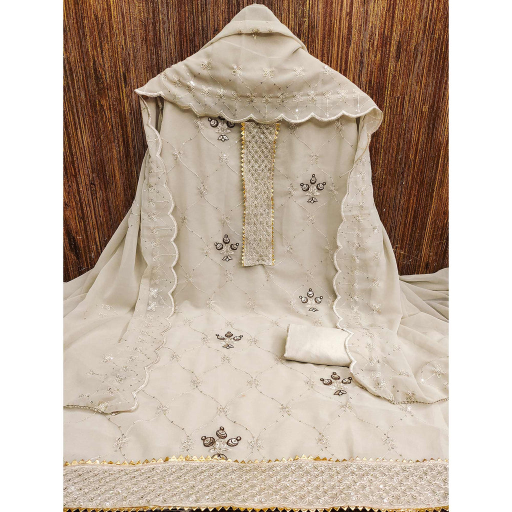 Beige Floral Sequins Embroidered Georgette Dress Material