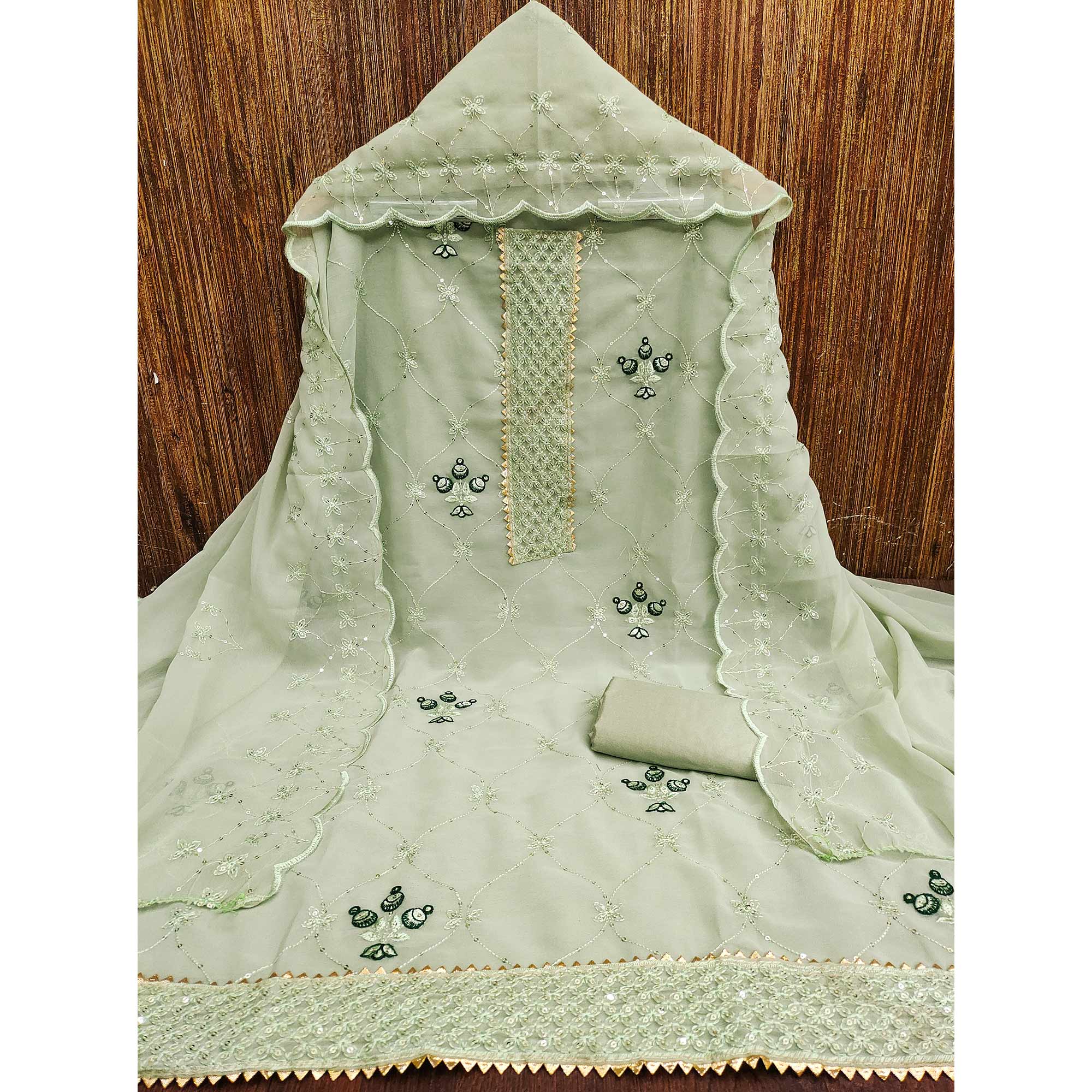 Pista Green Floral Sequins Embroidered Georgette Dress Material