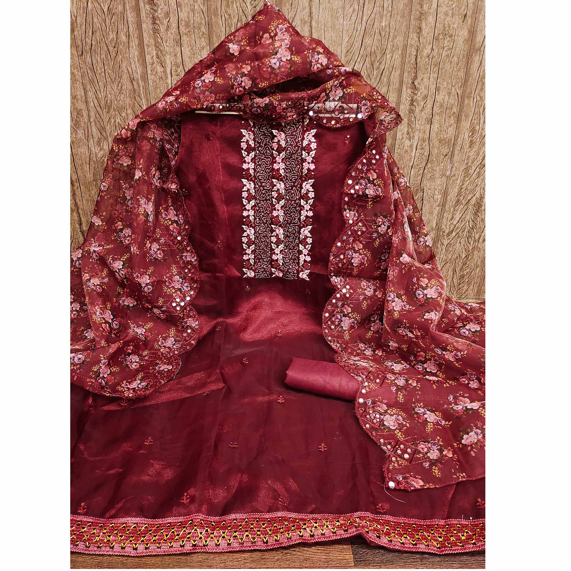 Maroon Organza Dress Material With Glimmering Floral Sequins Embroidery