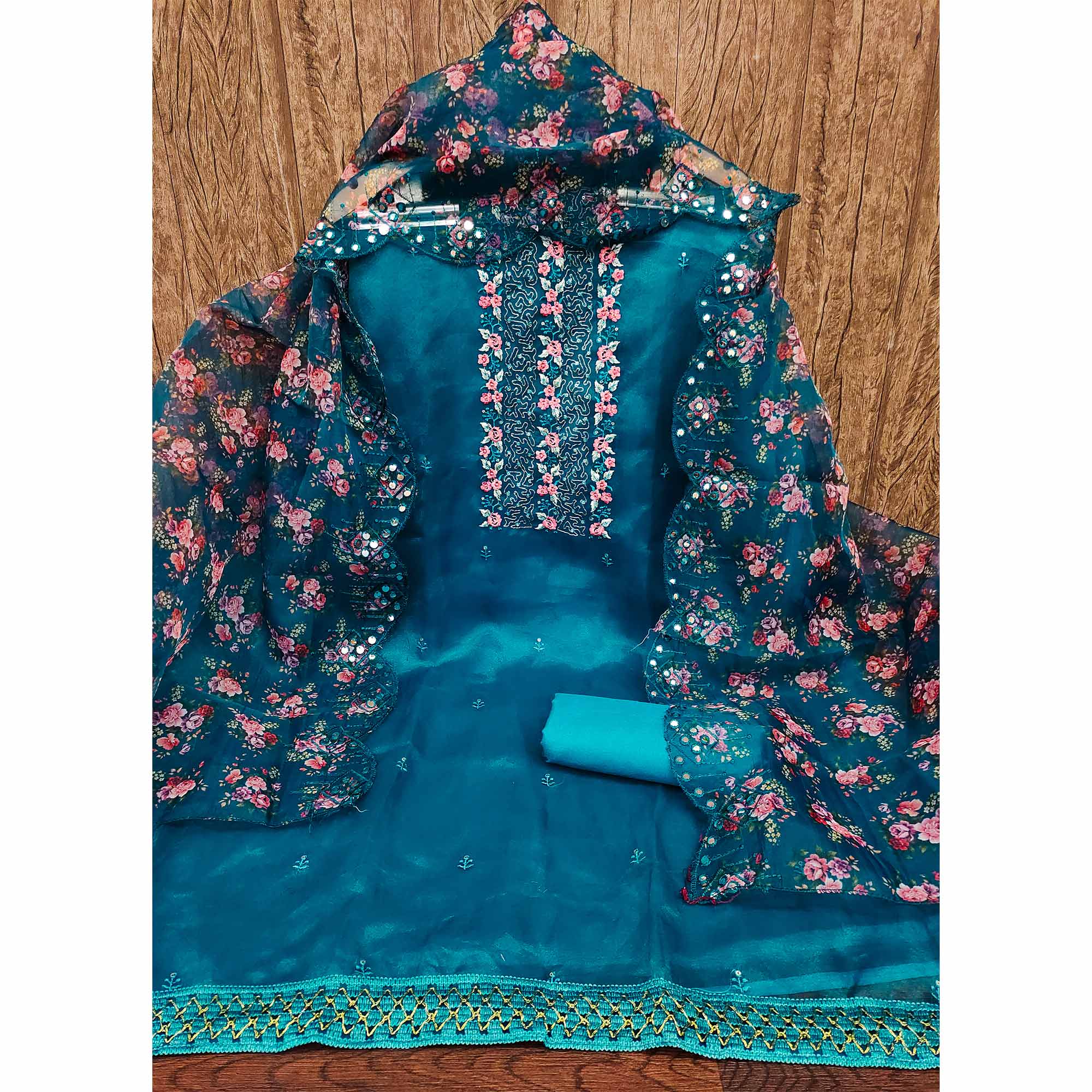 Morpich Blue Organza Dress Material With Glimmering Floral Sequins Embroidery