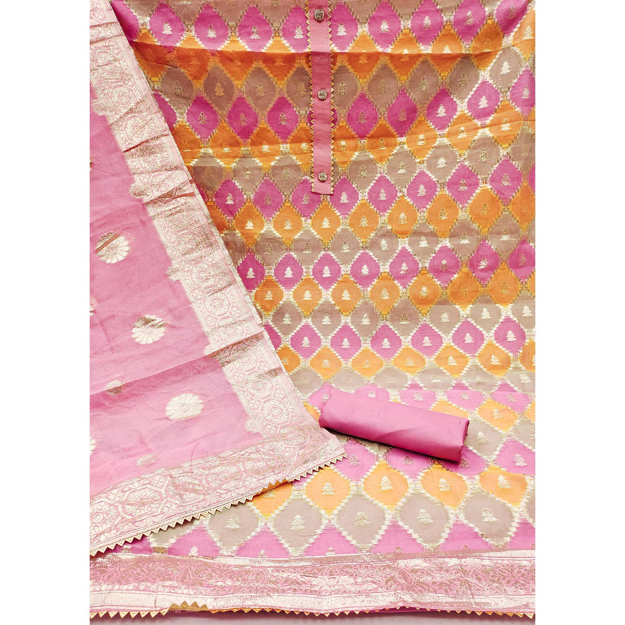 Graceful Glow Pink Jacquard Organza Dress Material With Zari Weaving Work