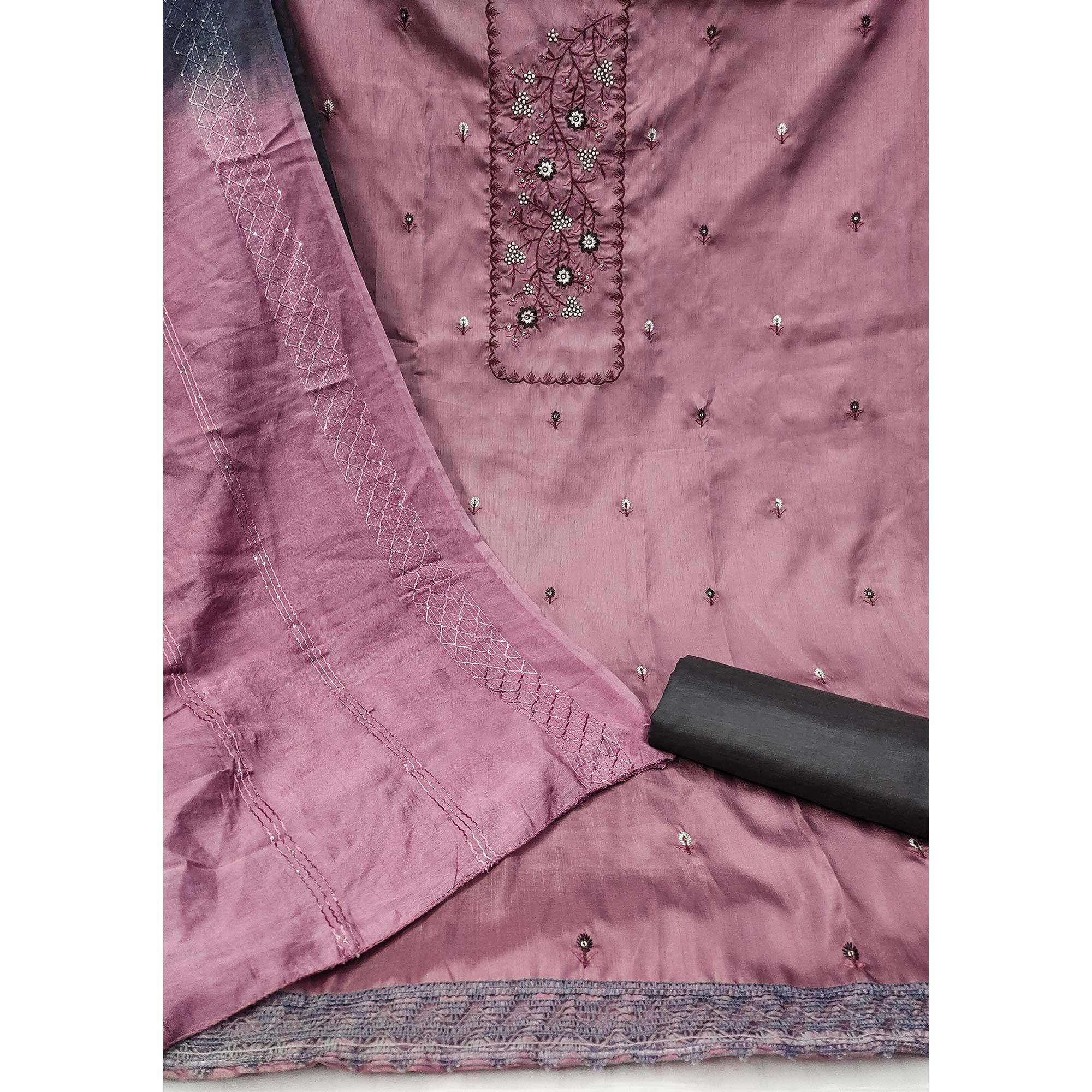 Graceful Light Mauve Embroidered Cotton Blend Dress Material With Subtle Sequin Shine