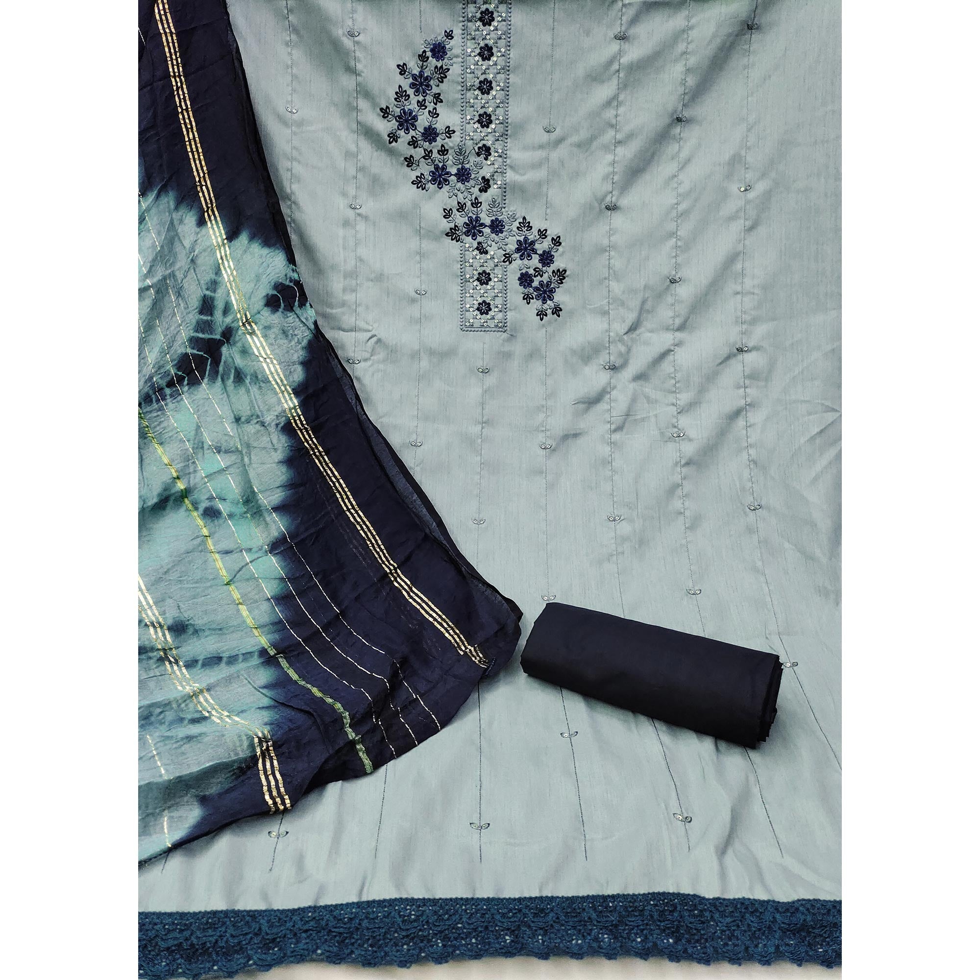 Bluish Grey Cotton Blend Dress Material With Delicate Floral Thread & Sequin Embellishments